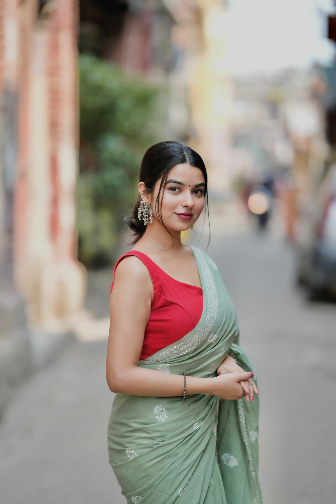 One Minute Ready To Wear Bottle Green Color Mulmul Cotton With Pocket Saree