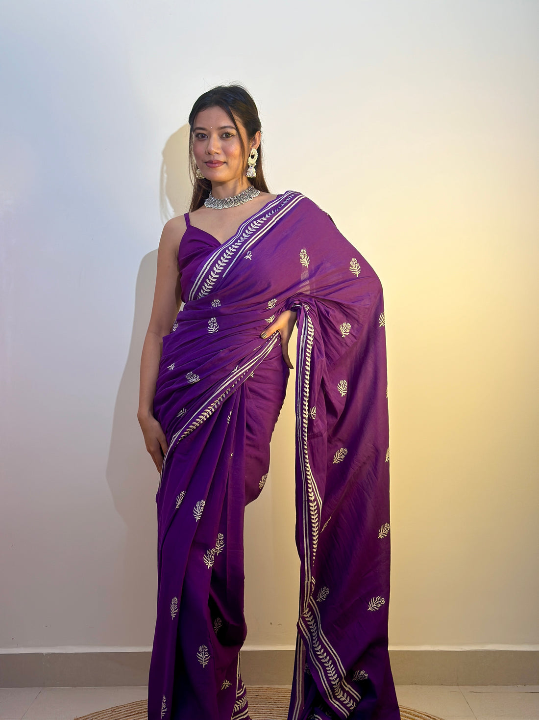 One Minute Ready To Wear Purple Color Mulmul With Pocket Saree