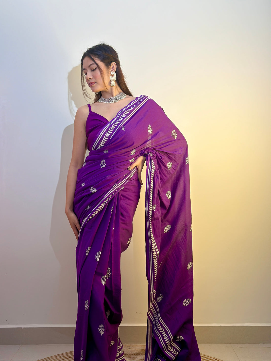 One Minute Ready To Wear Purple Color Mulmul With Pocket Saree