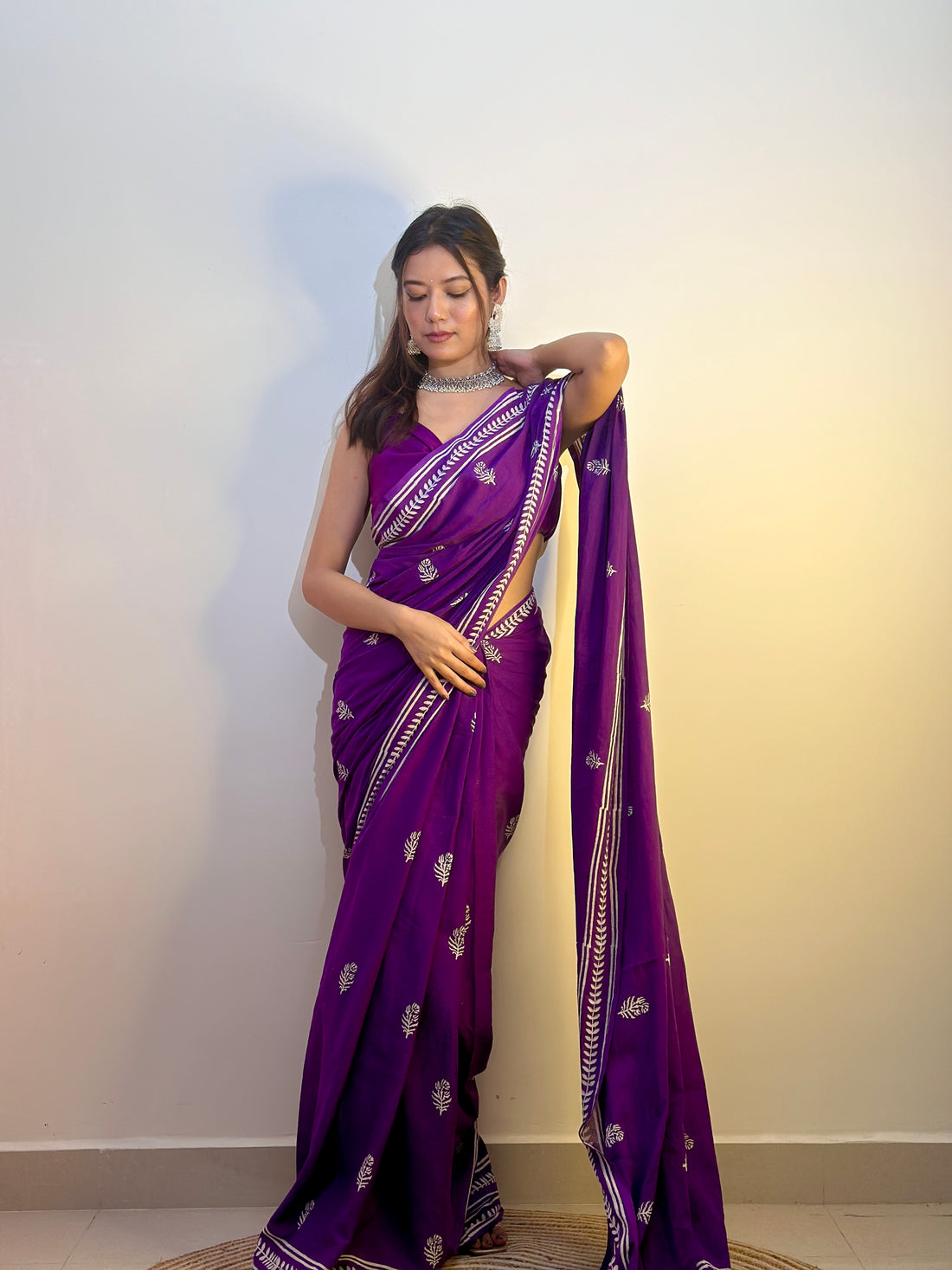 One Minute Ready To Wear Purple Color Mulmul With Pocket Saree