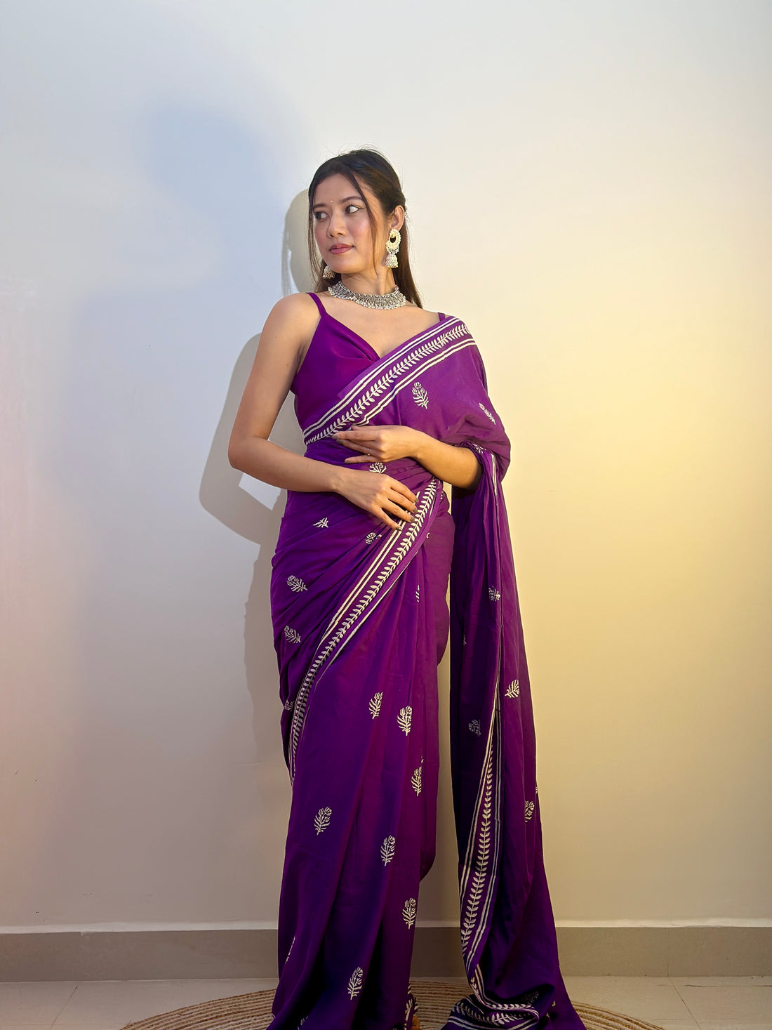 One Minute Ready To Wear Purple Color Mulmul With Pocket Saree