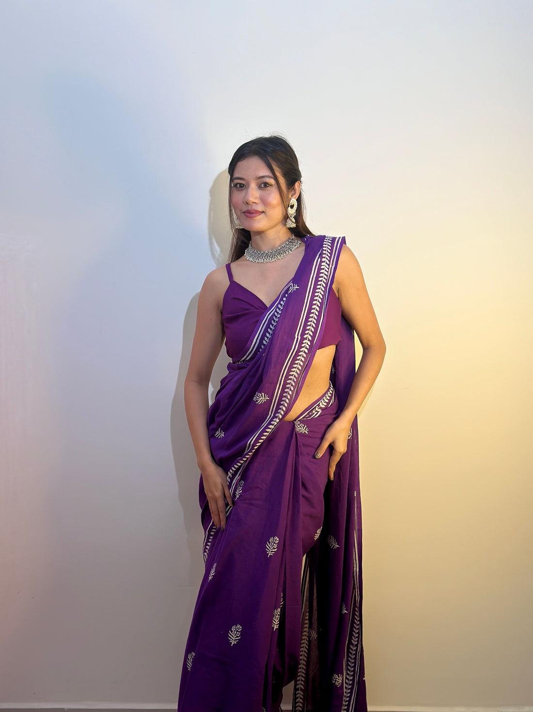 One Minute Ready To Wear Purple Color Mulmul With Pocket Saree