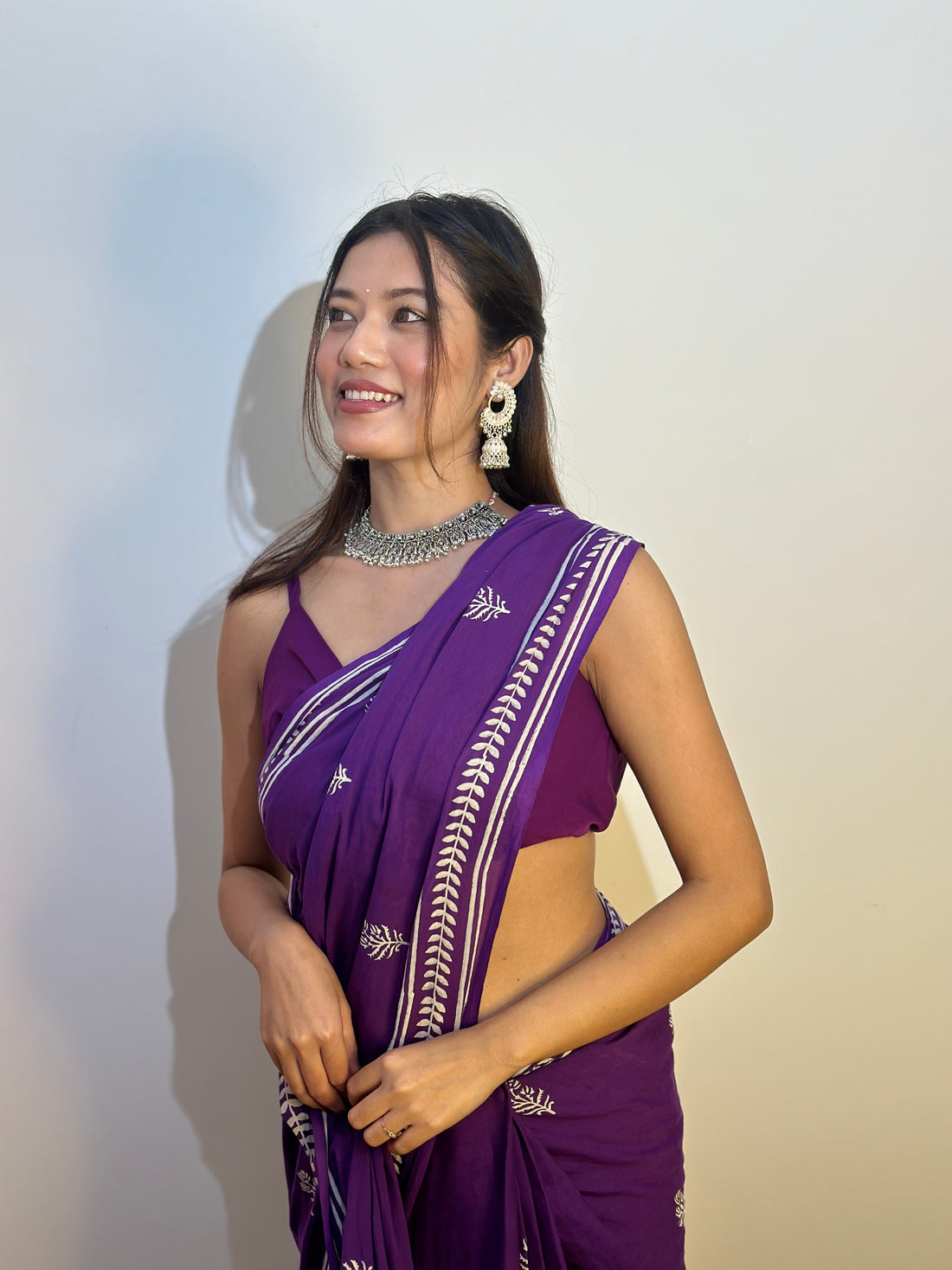 One Minute Ready To Wear Purple Color Mulmul With Pocket Saree