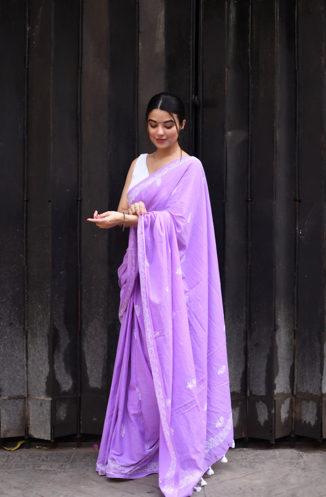 One Minute Ready To Wear Lavender Secret Handblock Print Natural Dyed Mulmul Cotton With Pocket Saree
