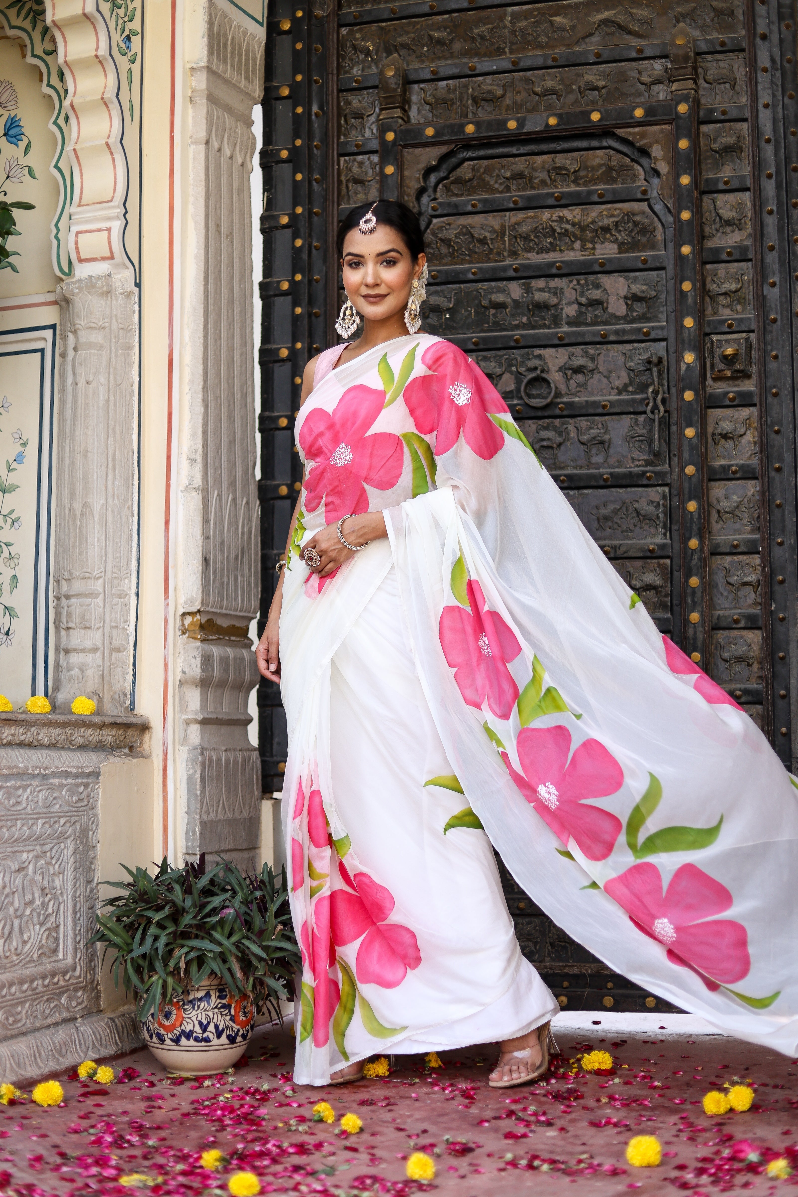 One Minute Ready To Wear White Handpainted Chiffon Saree
