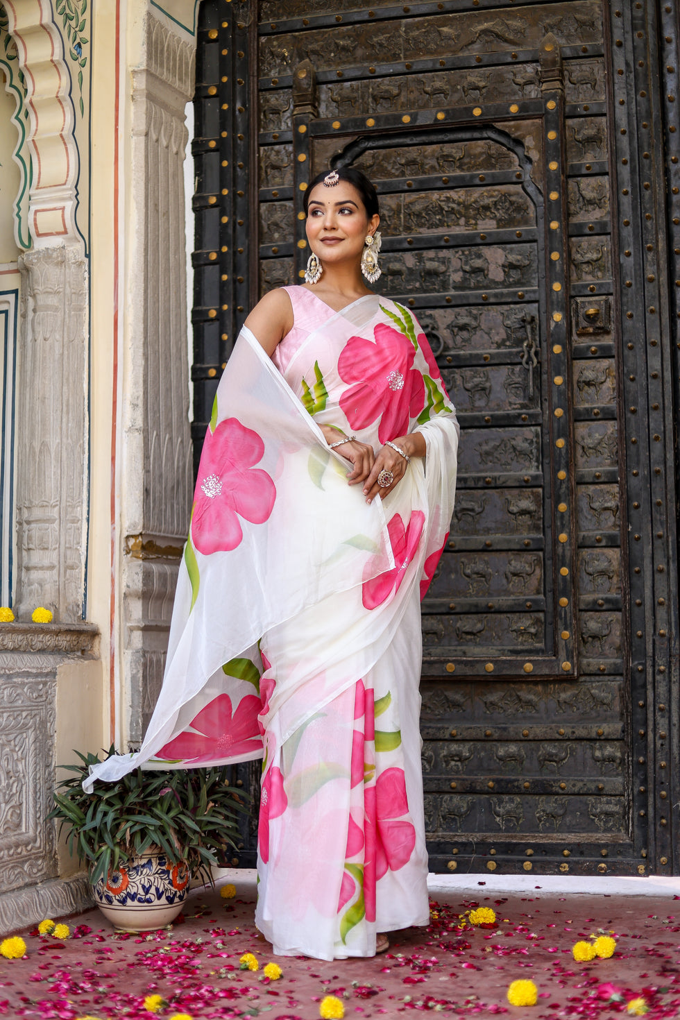 One Minute Ready To Wear White Handpainted Chiffon Saree