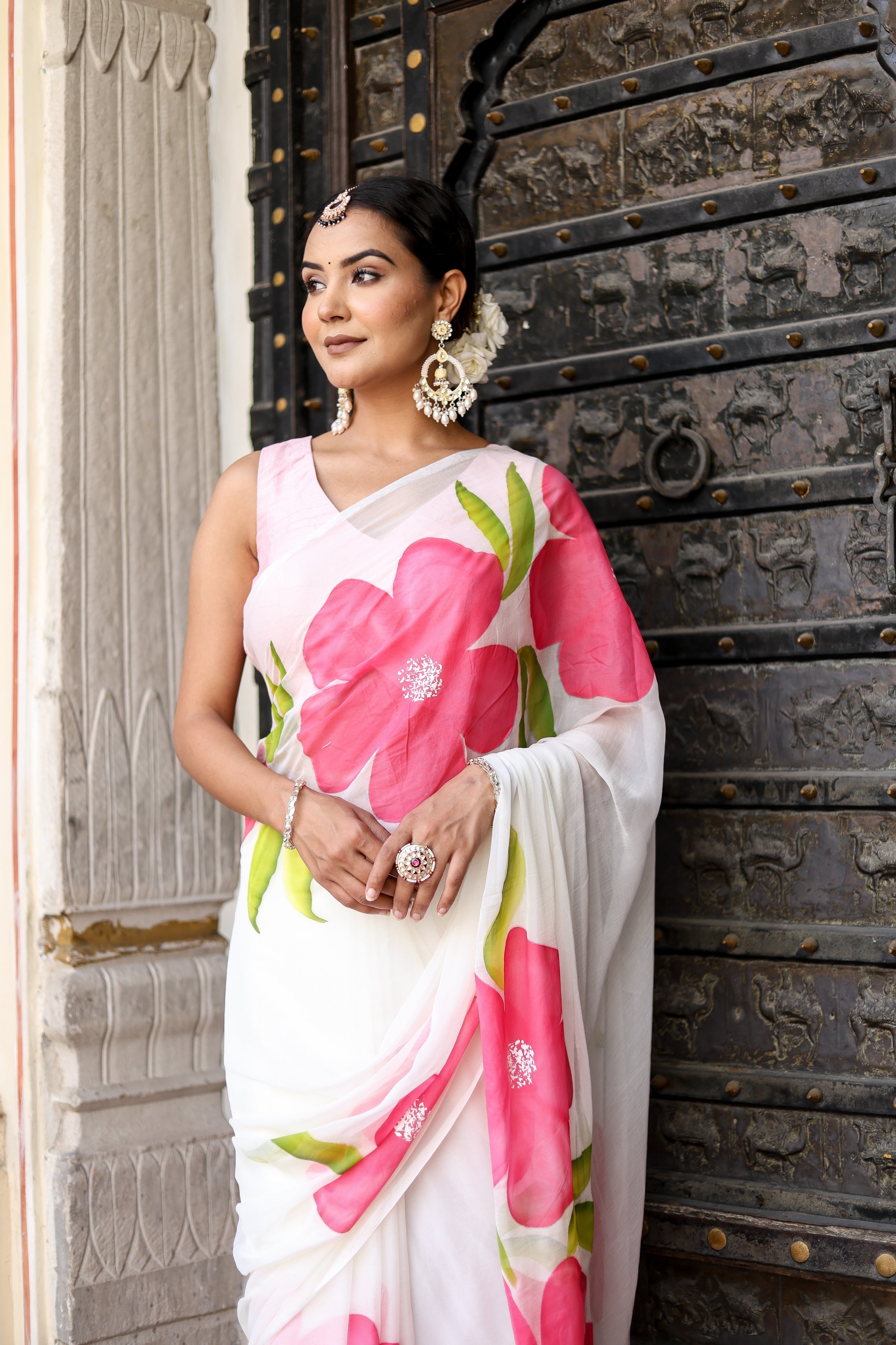 One Minute Ready To Wear White Handpainted Chiffon Saree