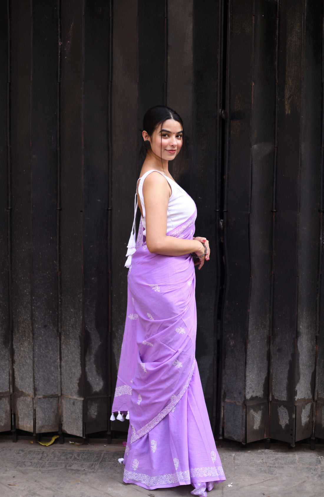 One Minute Ready To Wear Lavender Secret Handblock Print Natural Dyed Mulmul Cotton With Pocket Saree