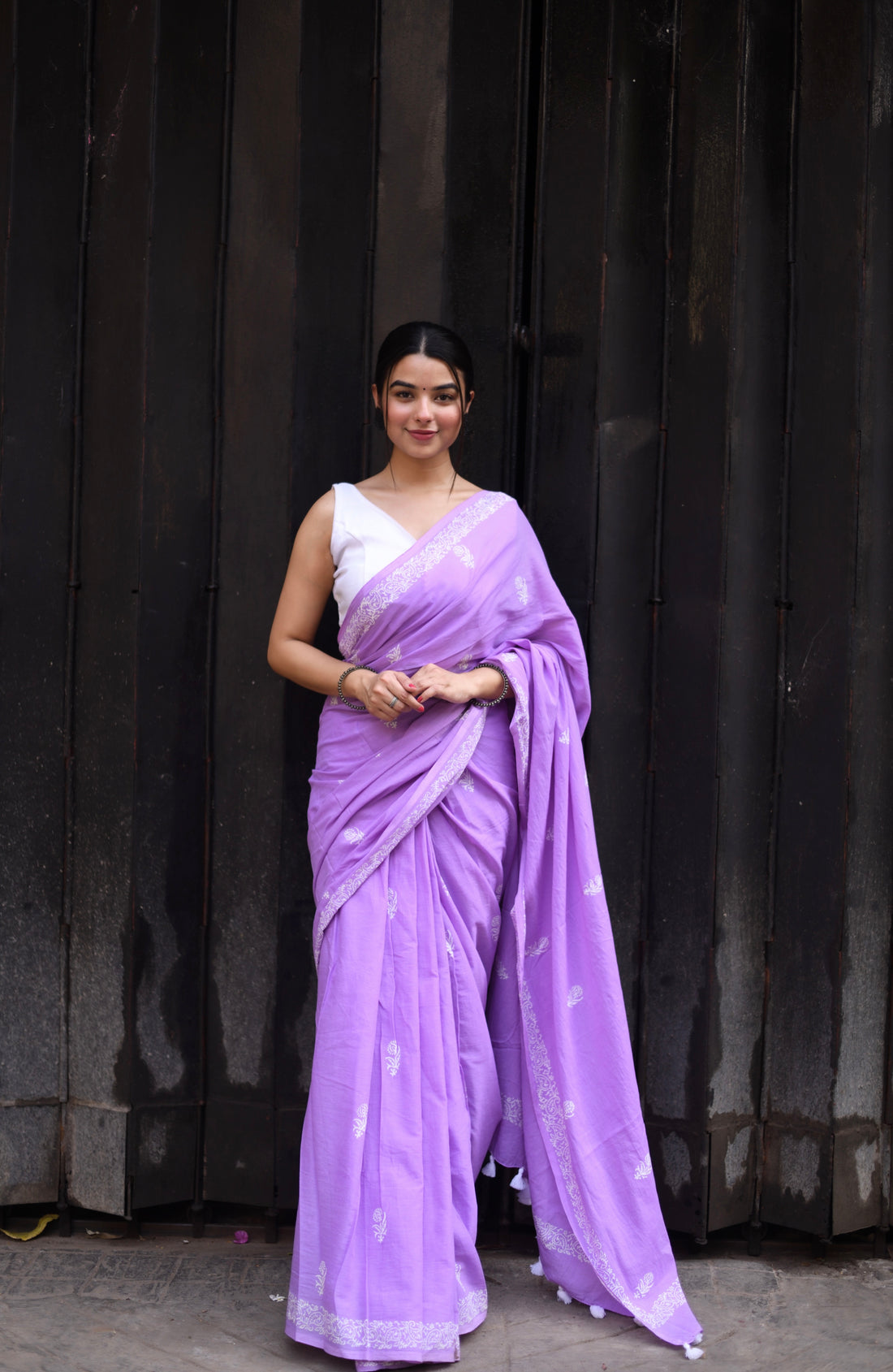 One Minute Ready To Wear Lavender Secret Handblock Print Natural Dyed Mulmul Cotton With Pocket Saree