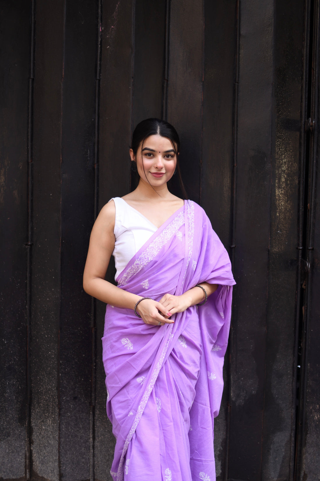 One Minute Ready To Wear Lavender Secret Handblock Print Natural Dyed Mulmul Cotton With Pocket Saree