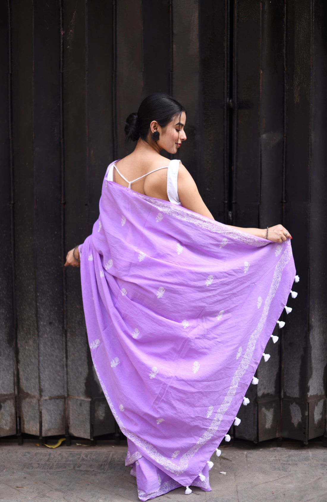 One Minute Ready To Wear Lavender Secret Handblock Print Natural Dyed Mulmul Cotton With Pocket Saree