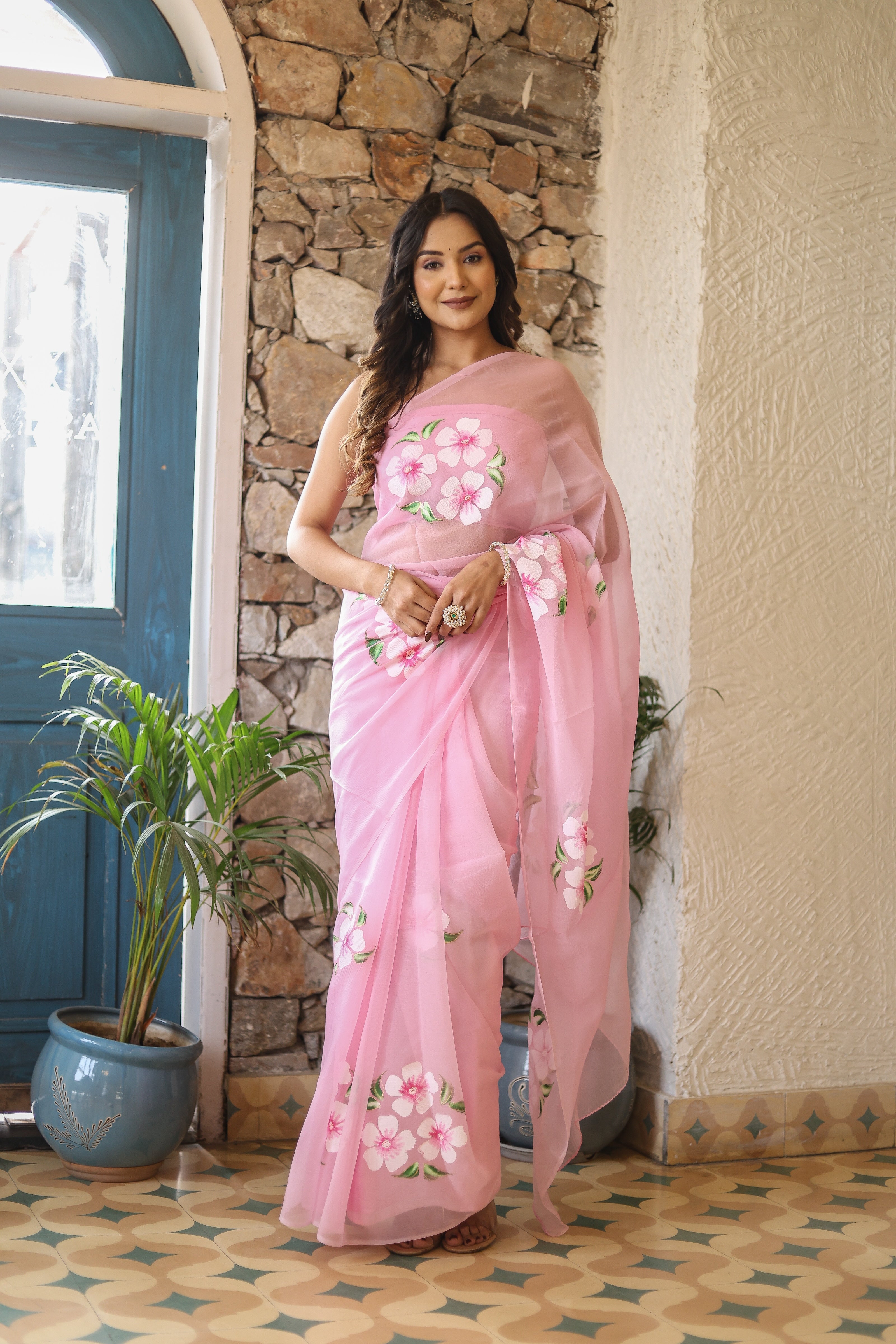 One Minute Ready To Wear Pink Floral Sequinned Organza Saree