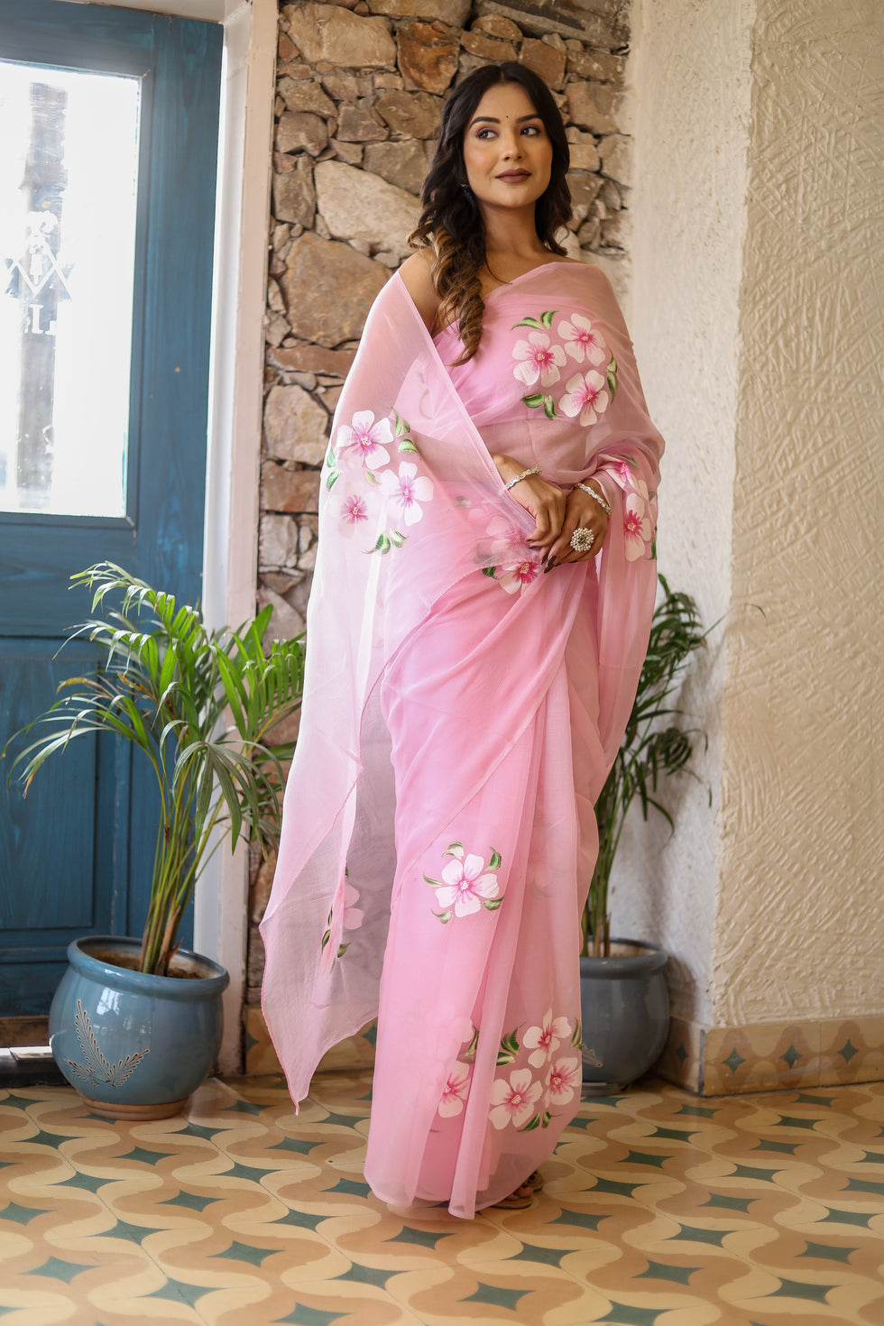 One Minute Ready To Wear Pink Floral Sequinned Organza Saree
