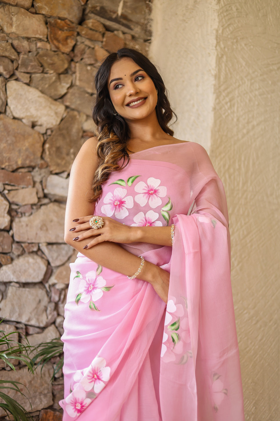 One Minute Ready To Wear Pink Floral Sequinned Organza Saree
