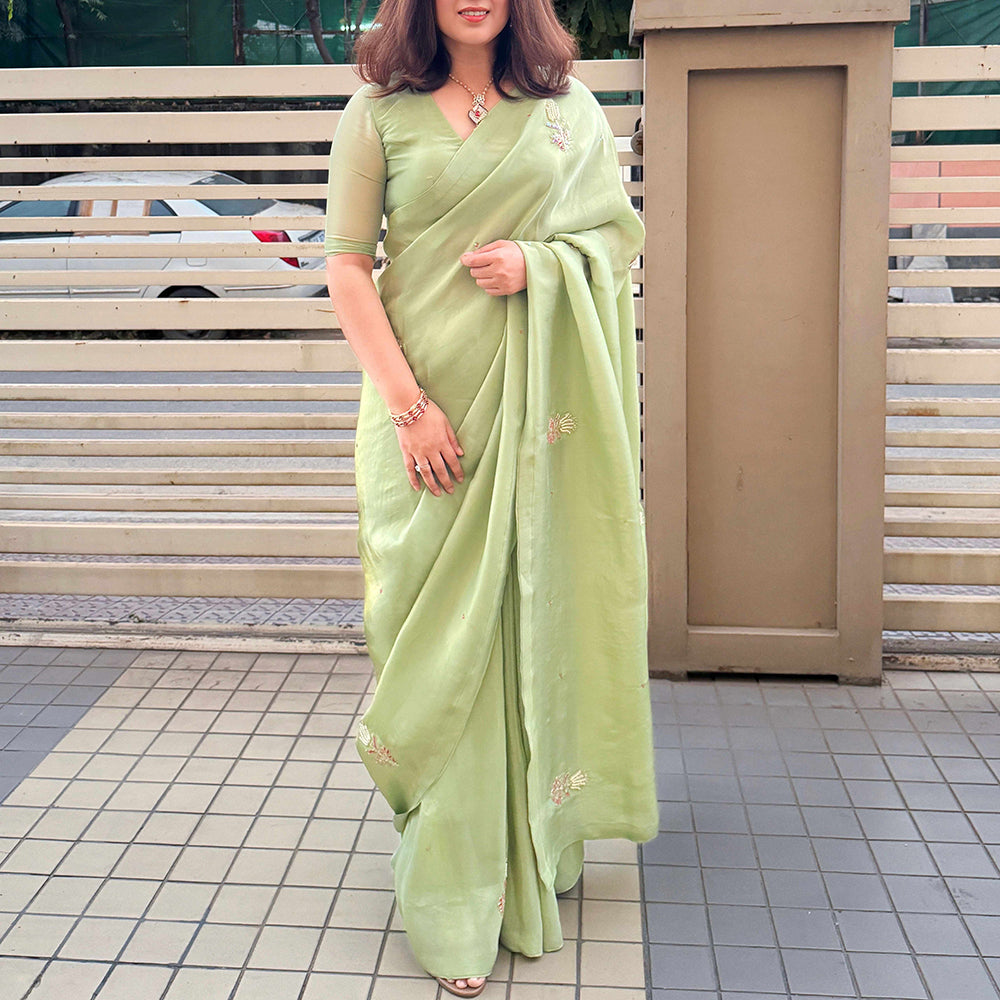 One Minute Ready To Wear Lagniappe Pista Green Malai Satin Silk Saree With Stitch Blouse
