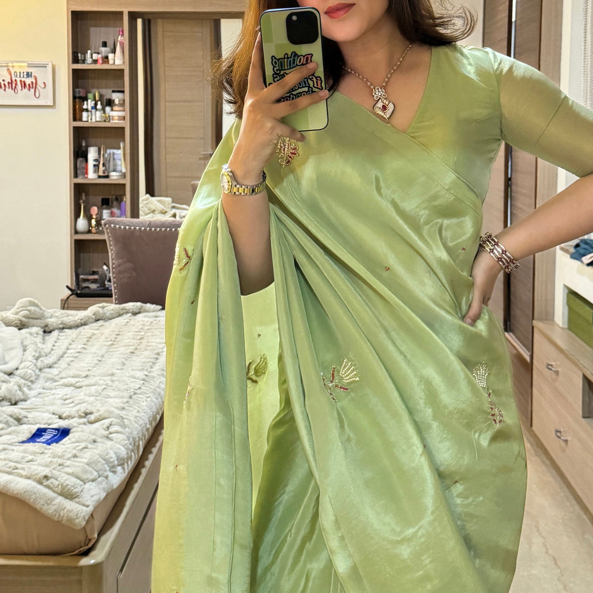 One Minute Ready To Wear Lagniappe Pista Green Malai Satin Silk Saree With Stitch Blouse