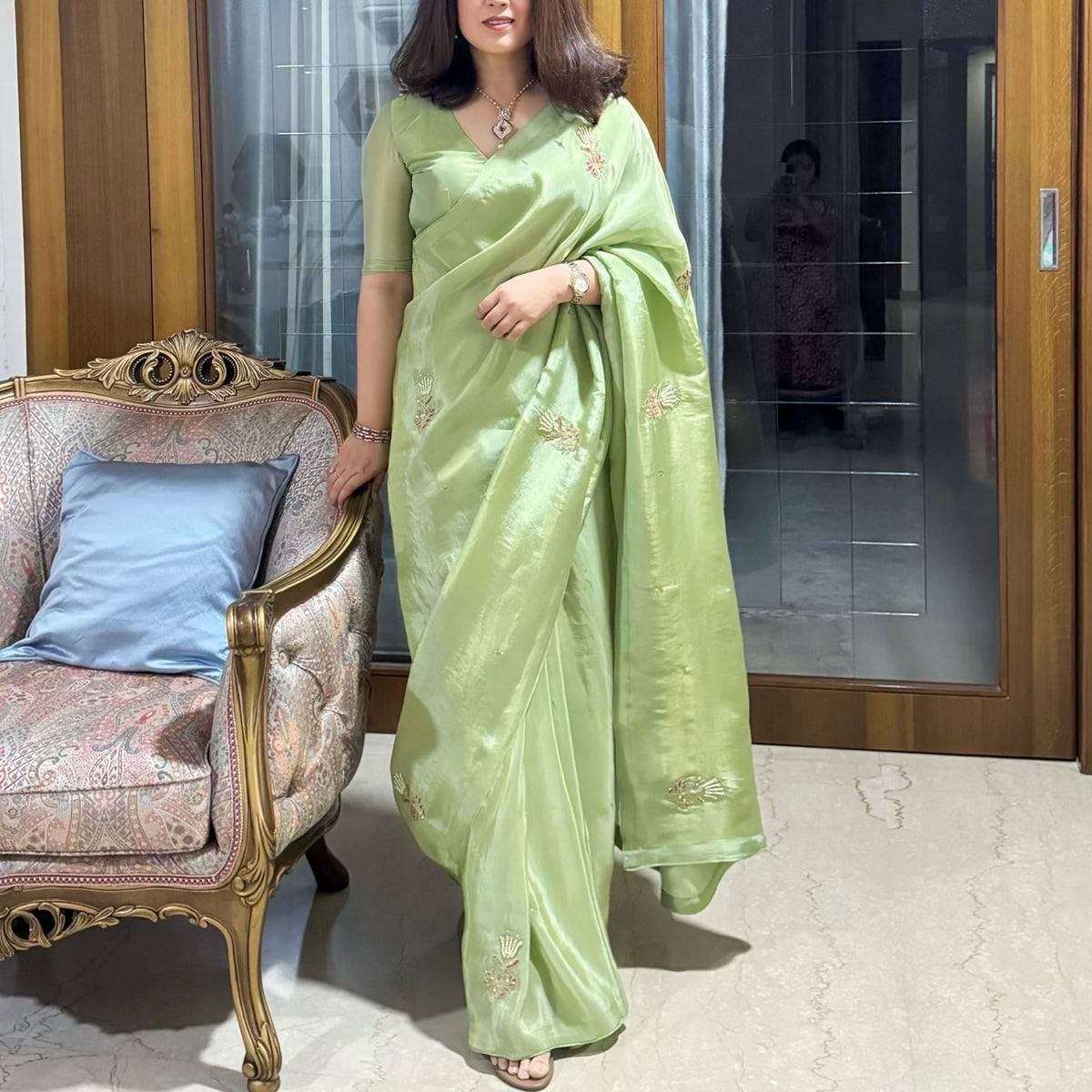 One Minute Ready To Wear Lagniappe Pista Green Malai Satin Silk Saree With Stitch Blouse