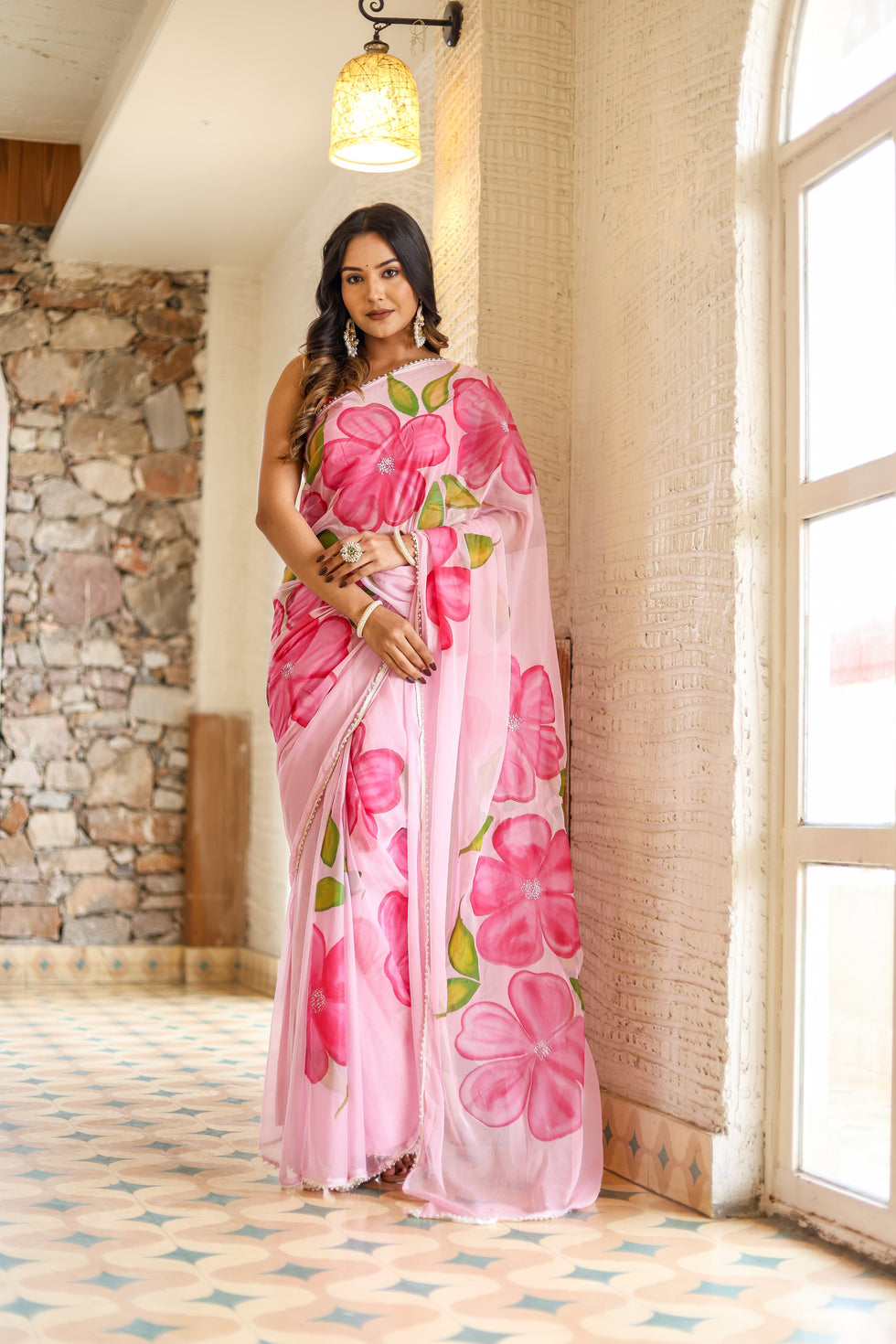 One Minute Ready To Wear Feminine Pink Chiffon Handpainted Floral Saree