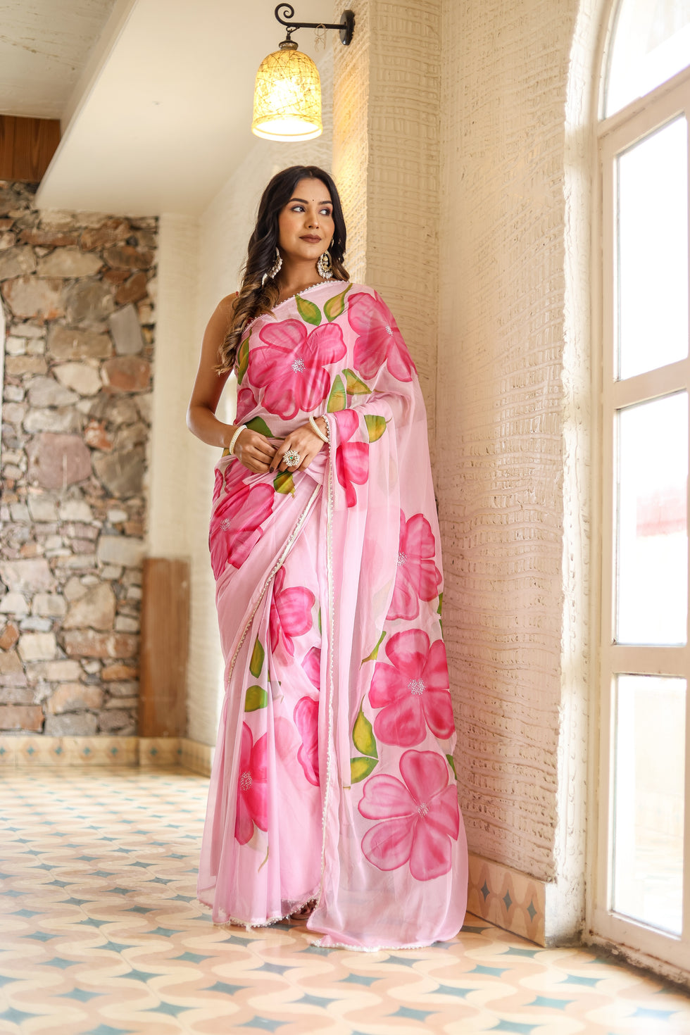 One Minute Ready To Wear Feminine Pink Chiffon Handpainted Floral Saree