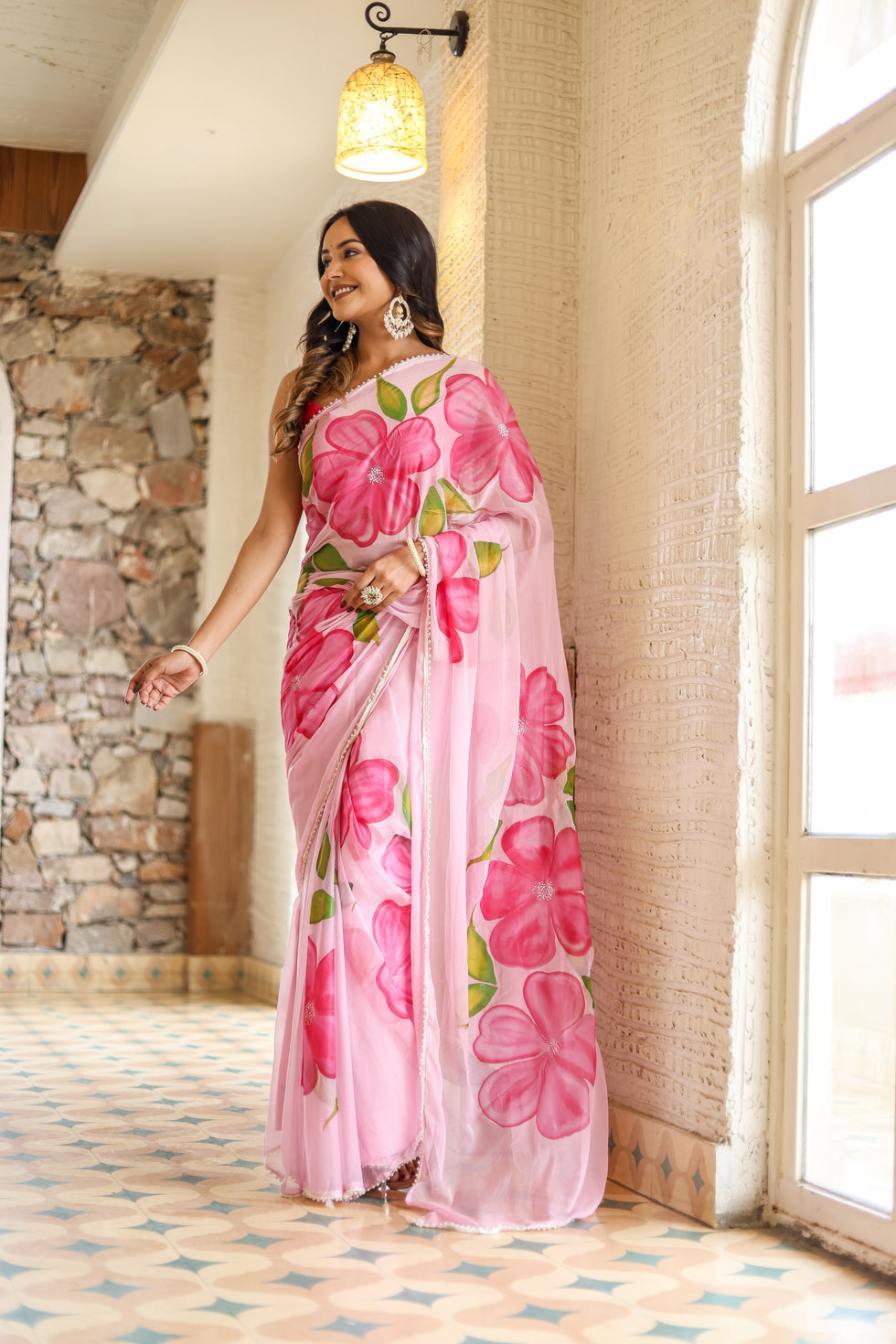 One Minute Ready To Wear Feminine Pink Chiffon Handpainted Floral Saree
