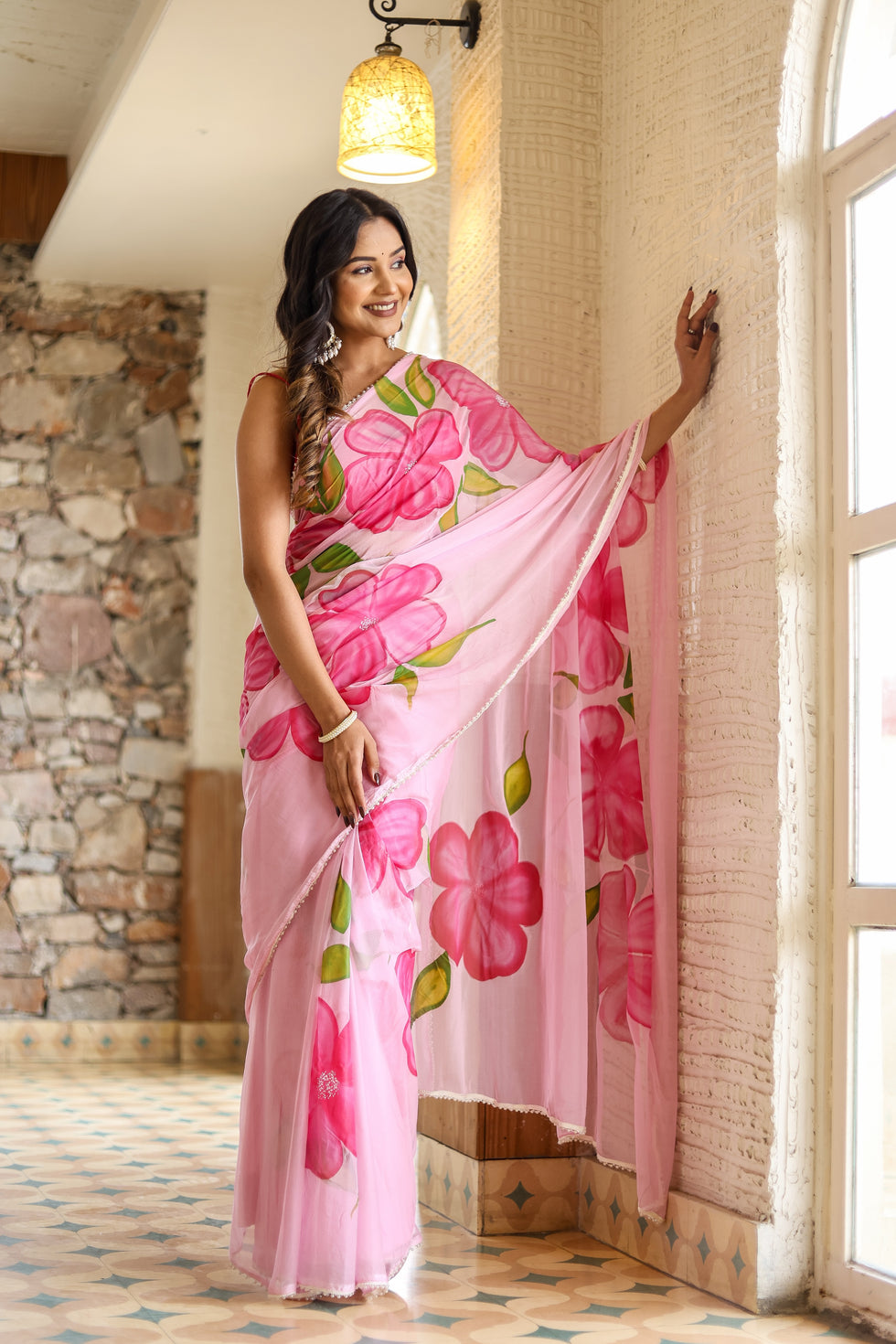 One Minute Ready To Wear Feminine Pink Chiffon Handpainted Floral Saree