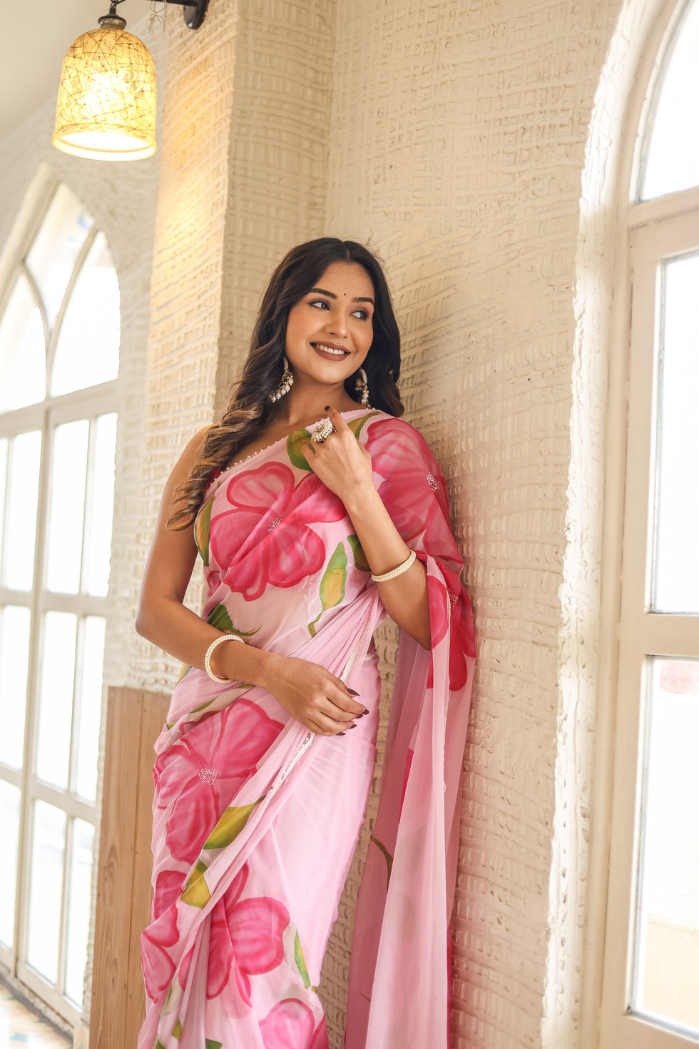 One Minute Ready To Wear Feminine Pink Chiffon Handpainted Floral Saree