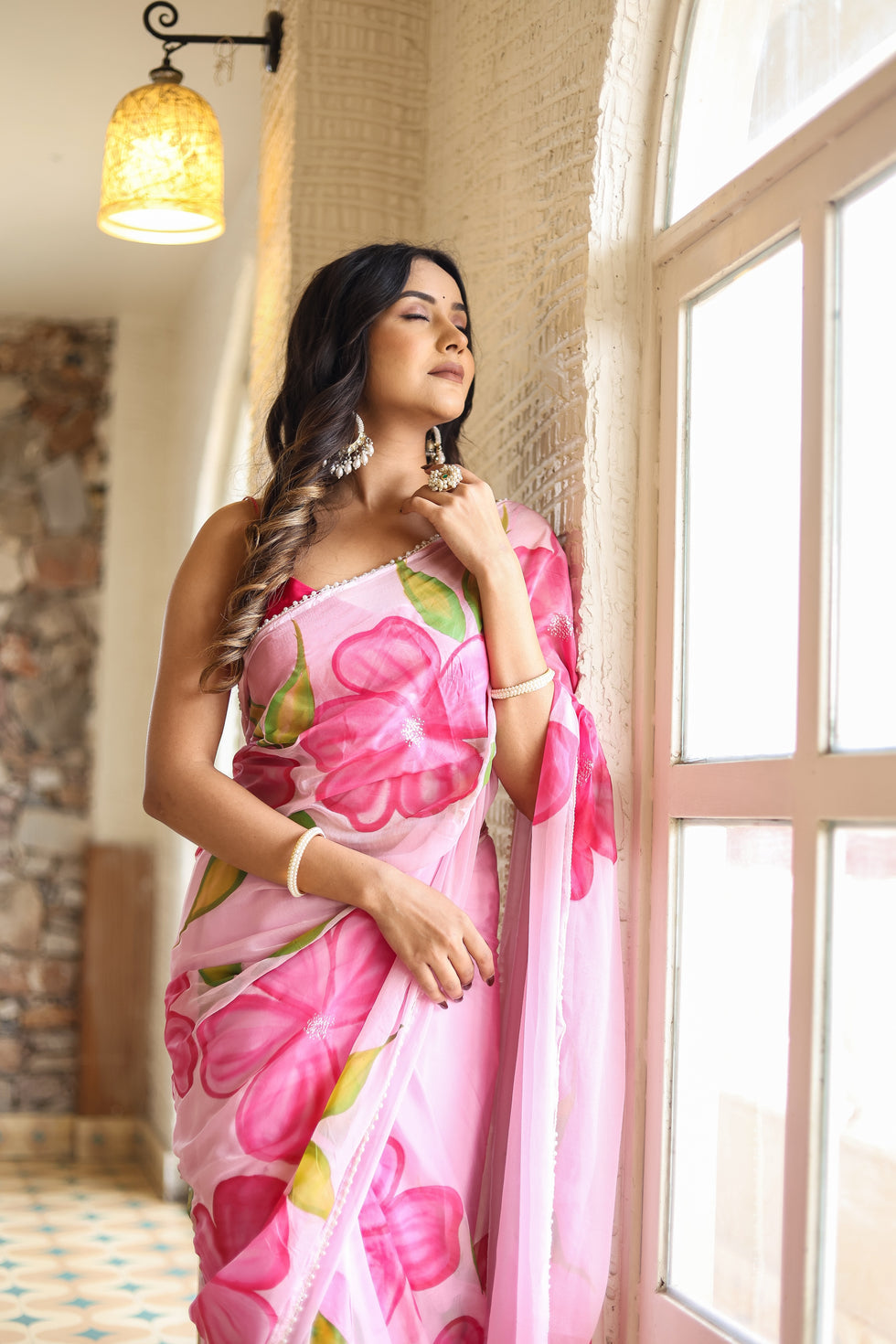 One Minute Ready To Wear Feminine Pink Chiffon Handpainted Floral Saree