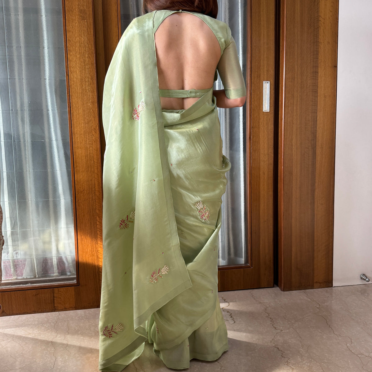 One Minute Ready To Wear Lagniappe Pista Green Malai Satin Silk Saree With Stitch Blouse