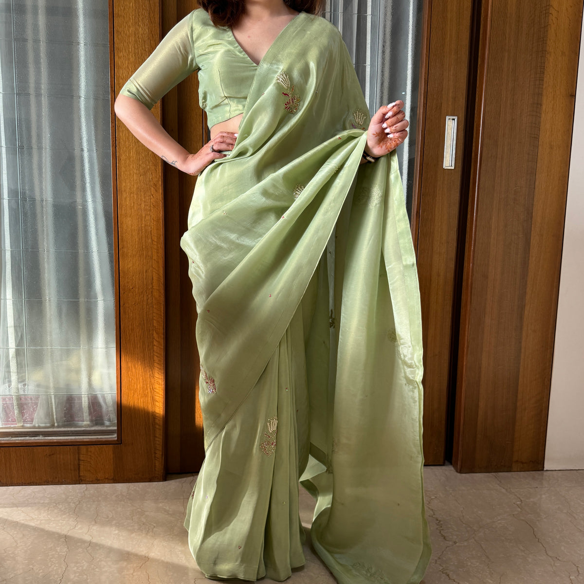 One Minute Ready To Wear Lagniappe Pista Green Malai Satin Silk Saree With Stitch Blouse