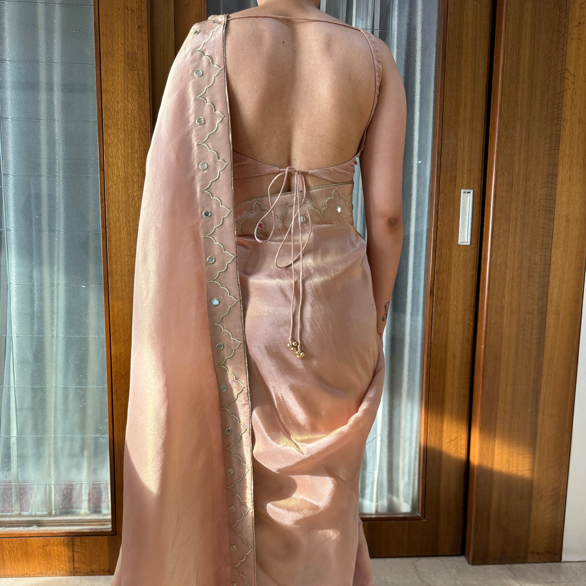 One Minute Ready To Wear Golden Mauve Tissue Saree With Stitch Blouse