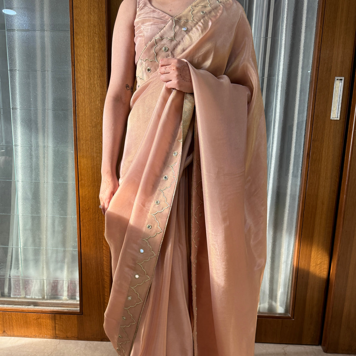 One Minute Ready To Wear Golden Mauve Tissue Saree With Stitch Blouse