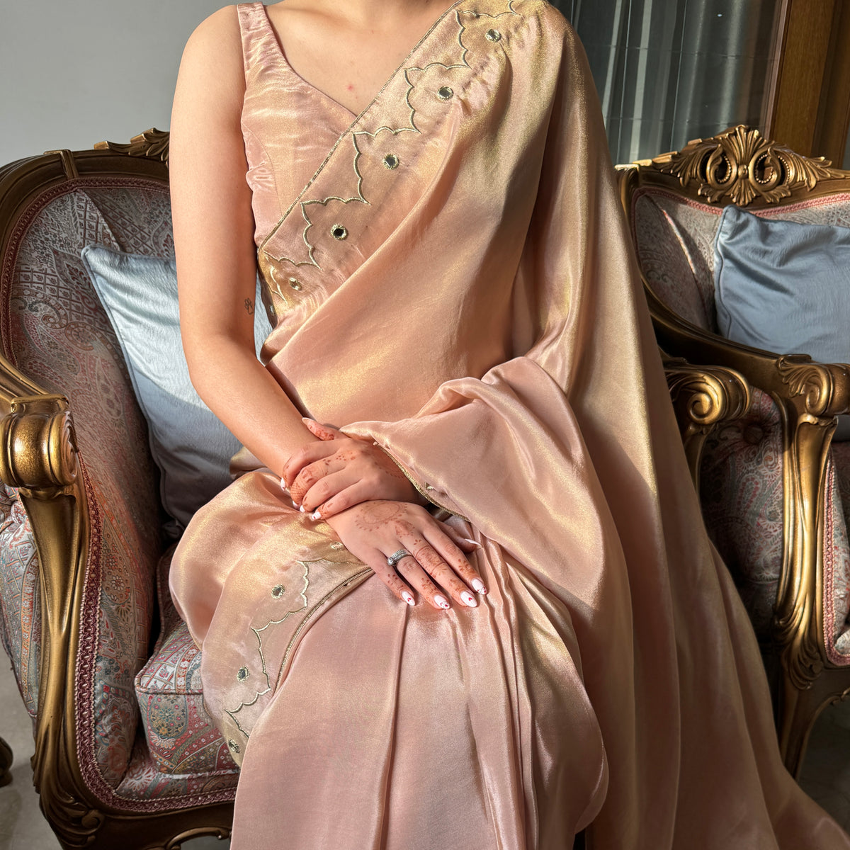 One Minute Ready To Wear Golden Mauve Tissue Saree With Stitch Blouse