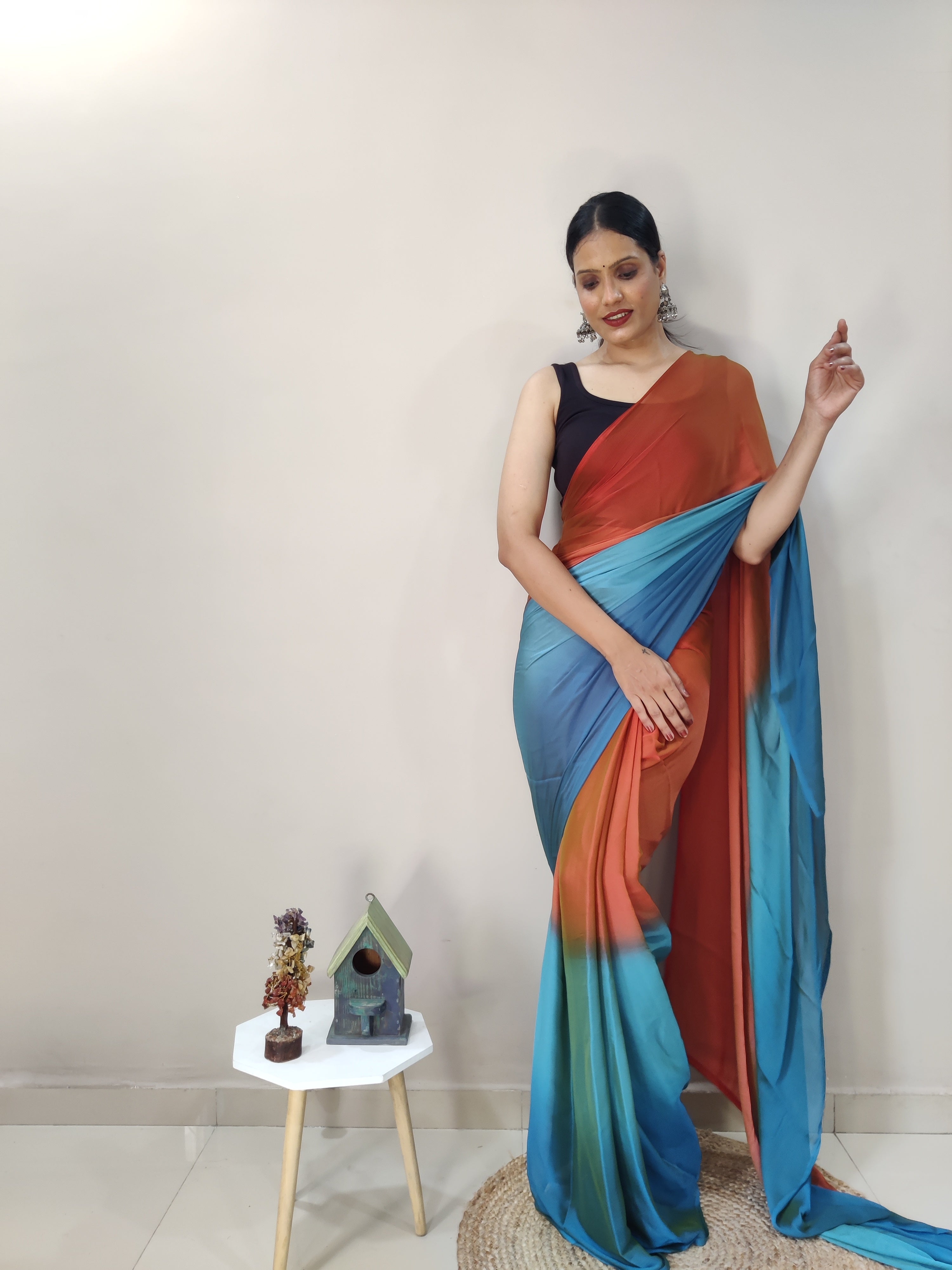 One Minute Ready To Wear Orange & Blue Chiffon Silk Saree