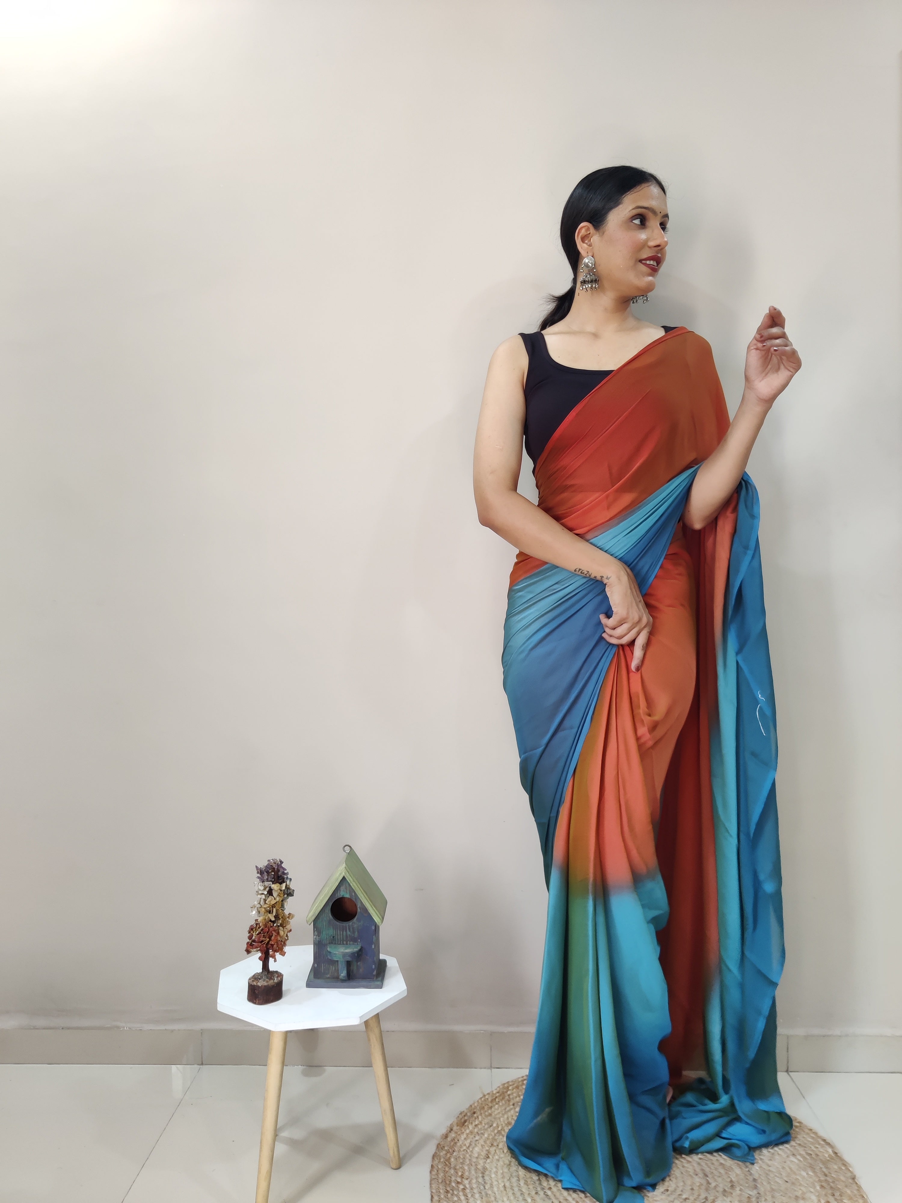 One Minute Ready To Wear Orange & Blue Chiffon Silk Saree