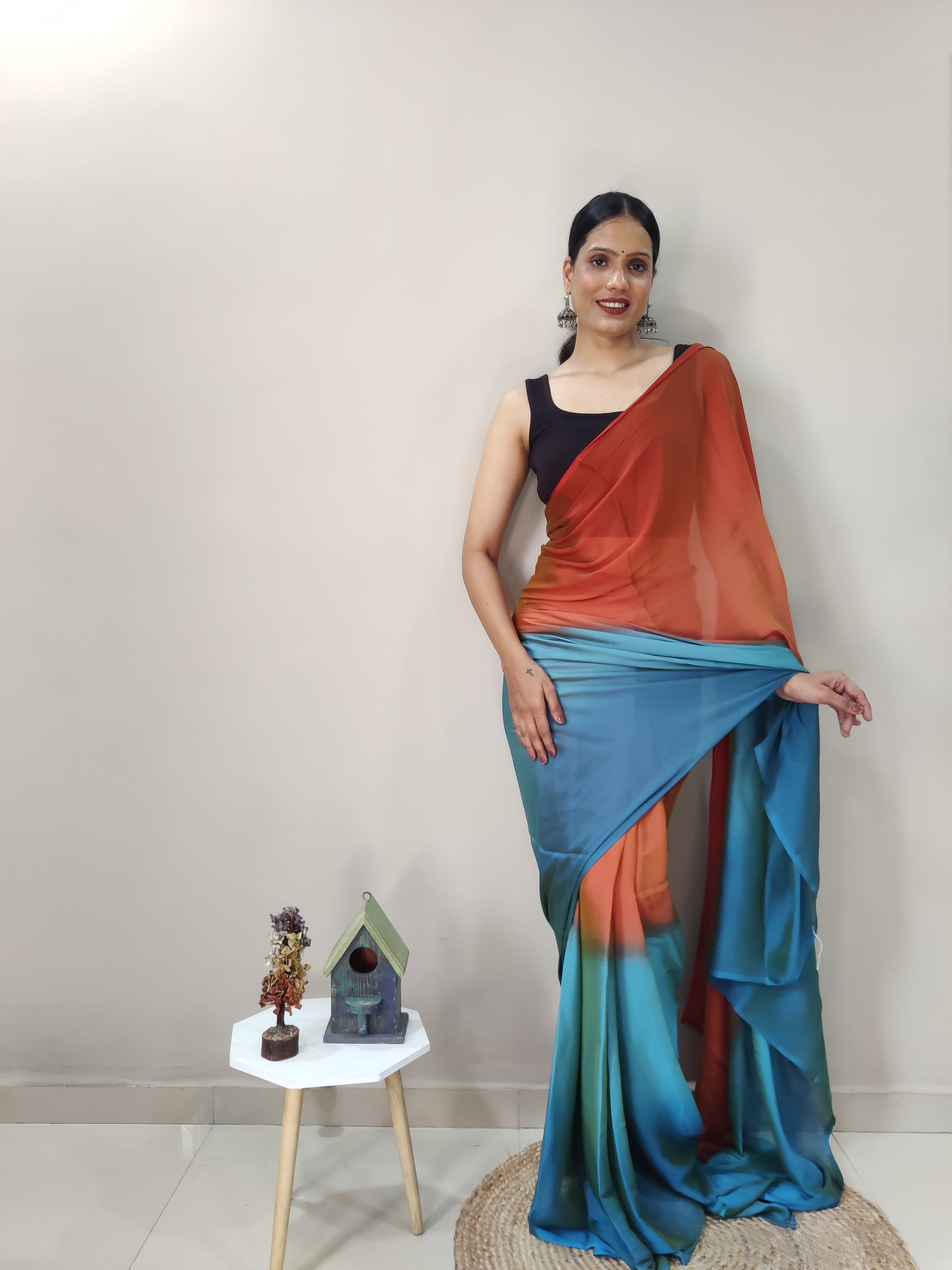 One Minute Ready To Wear Orange & Blue Chiffon Silk Saree