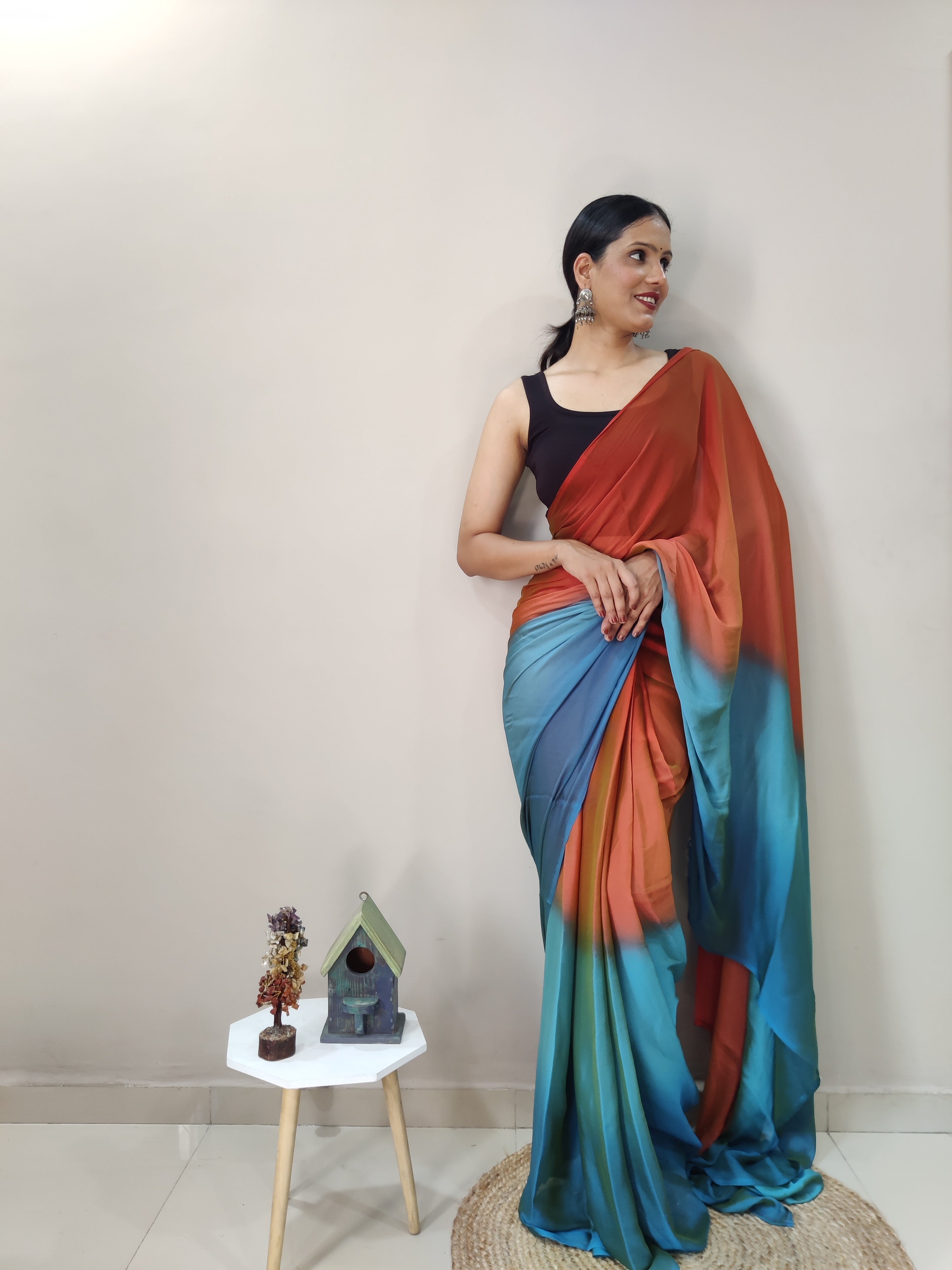One Minute Ready To Wear Orange & Blue Chiffon Silk Saree