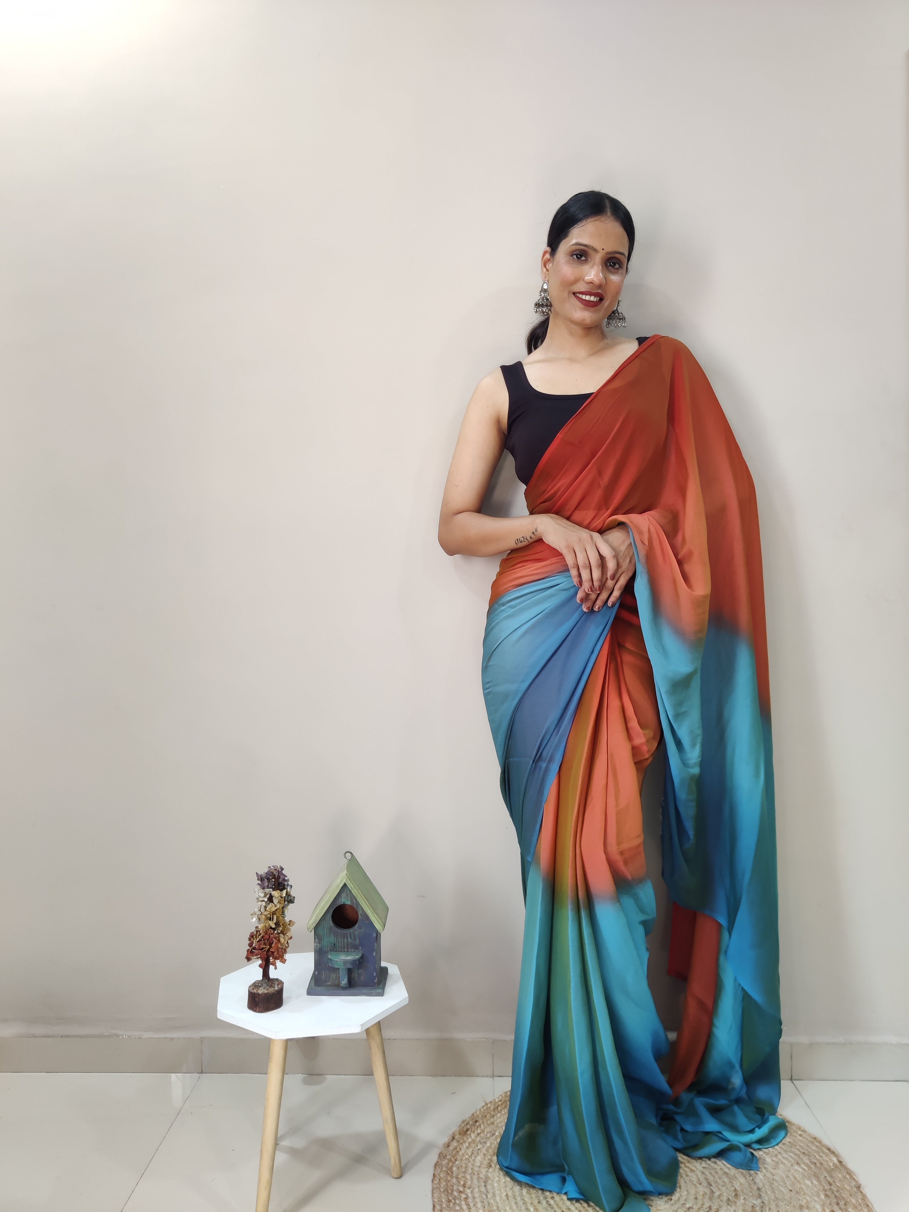 One Minute Ready To Wear Orange & Blue Chiffon Silk Saree