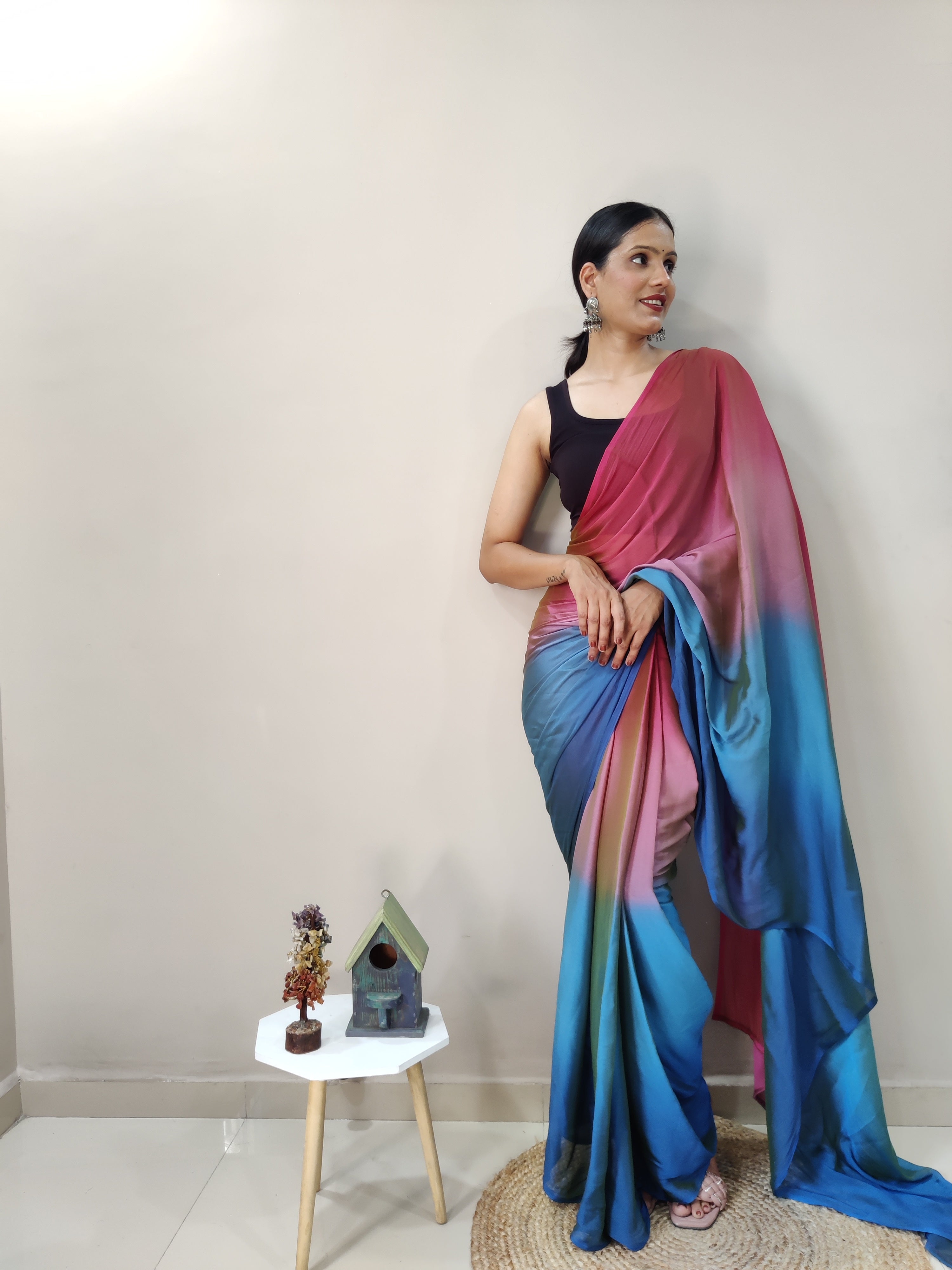 One Minute Ready To Wear Blue & Pink Chiffon Silk Saree
