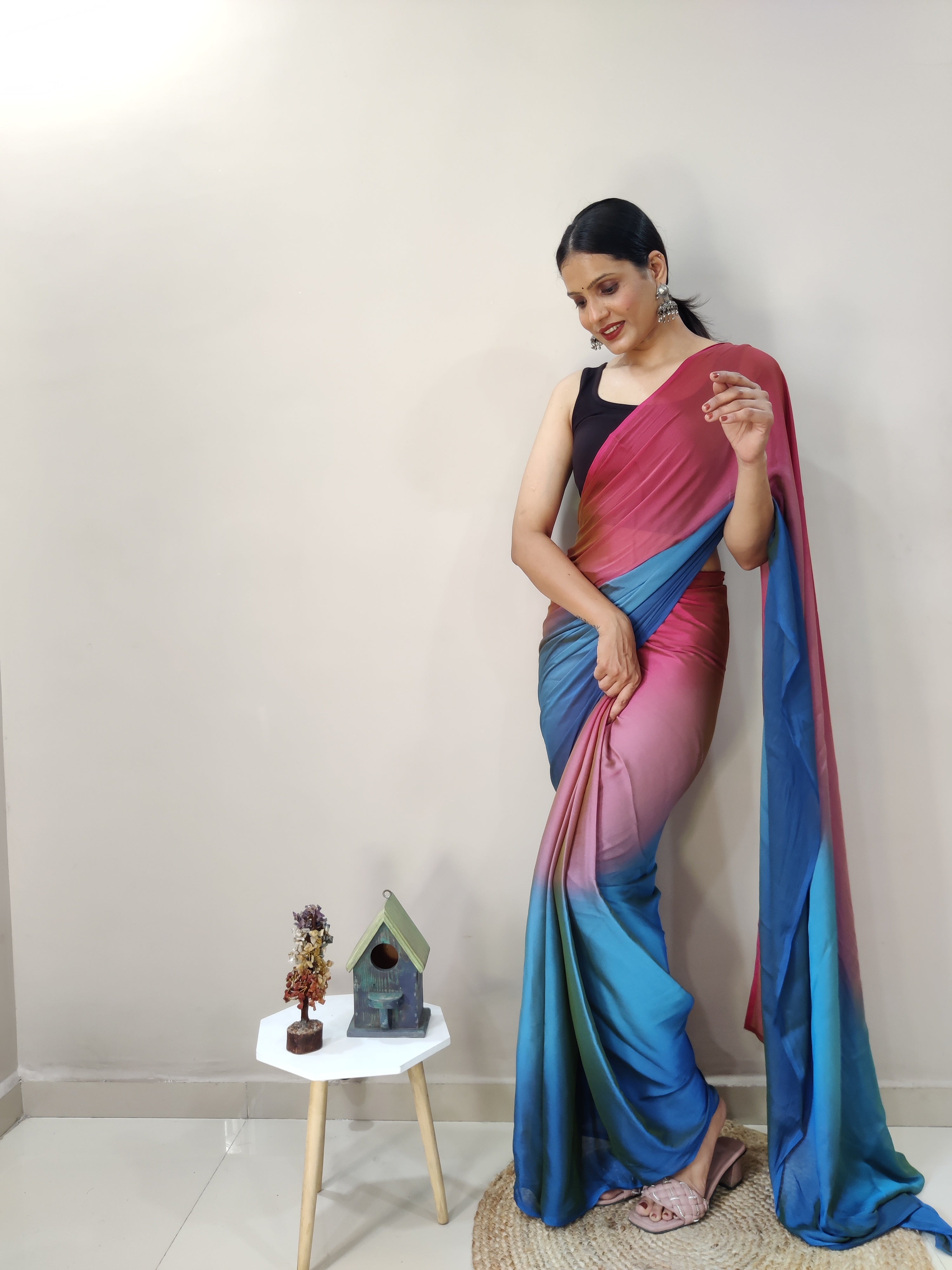 One Minute Ready To Wear Blue & Pink Chiffon Silk Saree