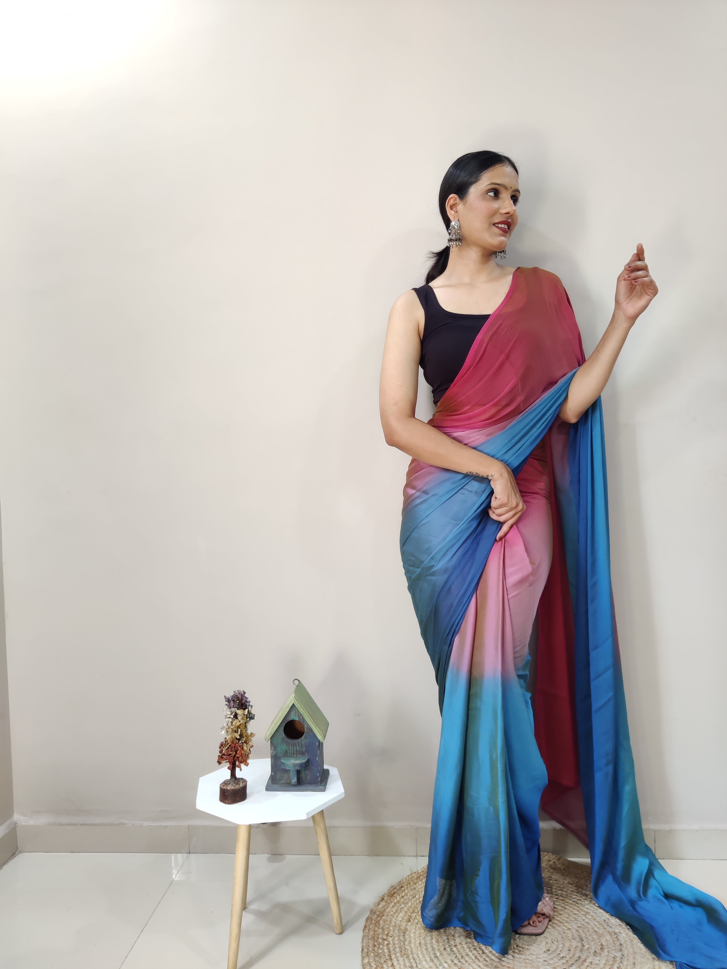 One Minute Ready To Wear Blue & Pink Chiffon Silk Saree