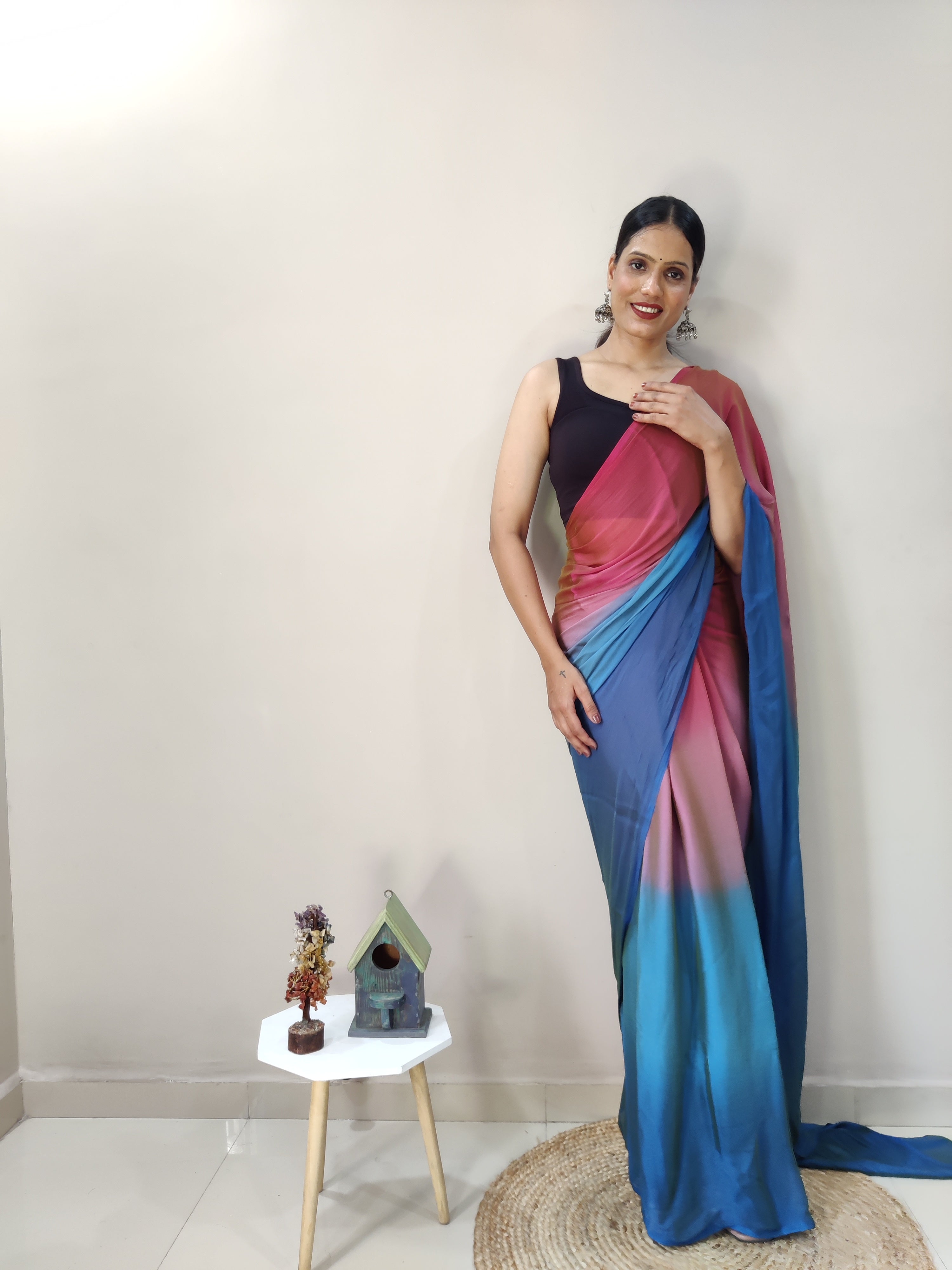 One Minute Ready To Wear Blue & Pink Chiffon Silk Saree