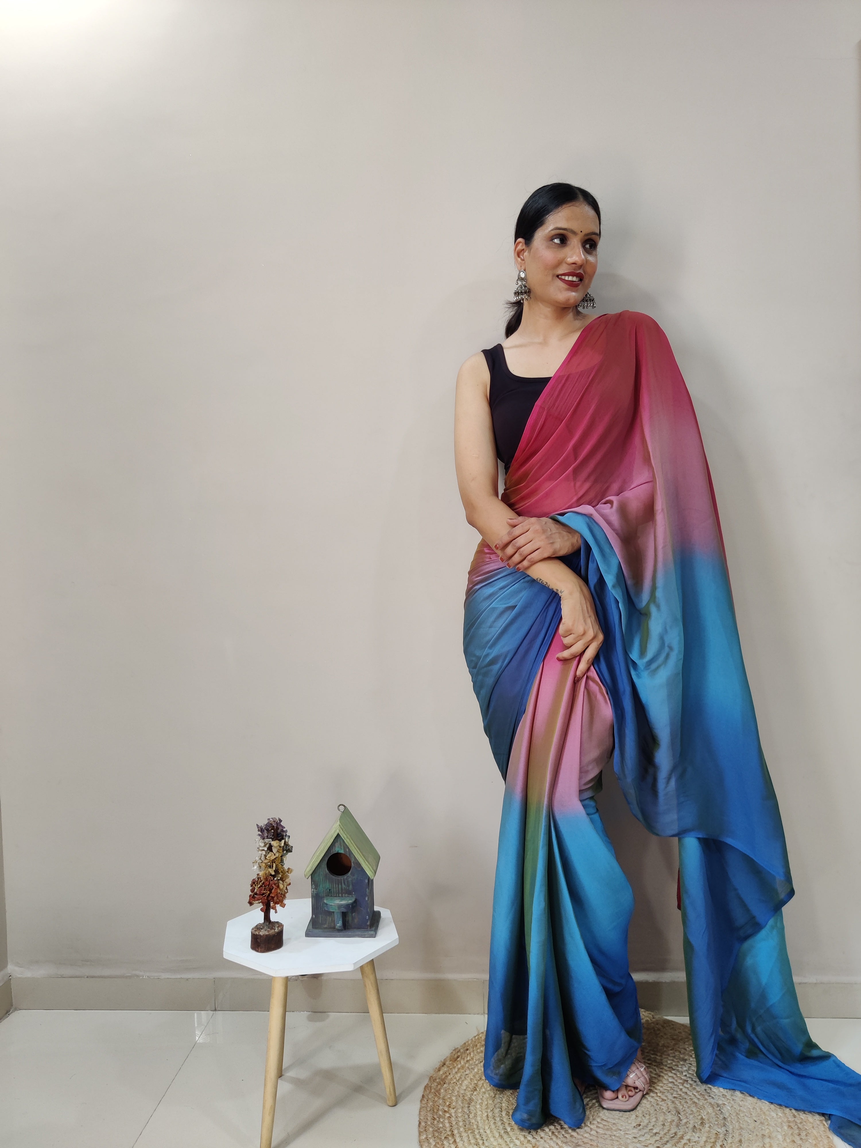 One Minute Ready To Wear Blue & Pink Chiffon Silk Saree