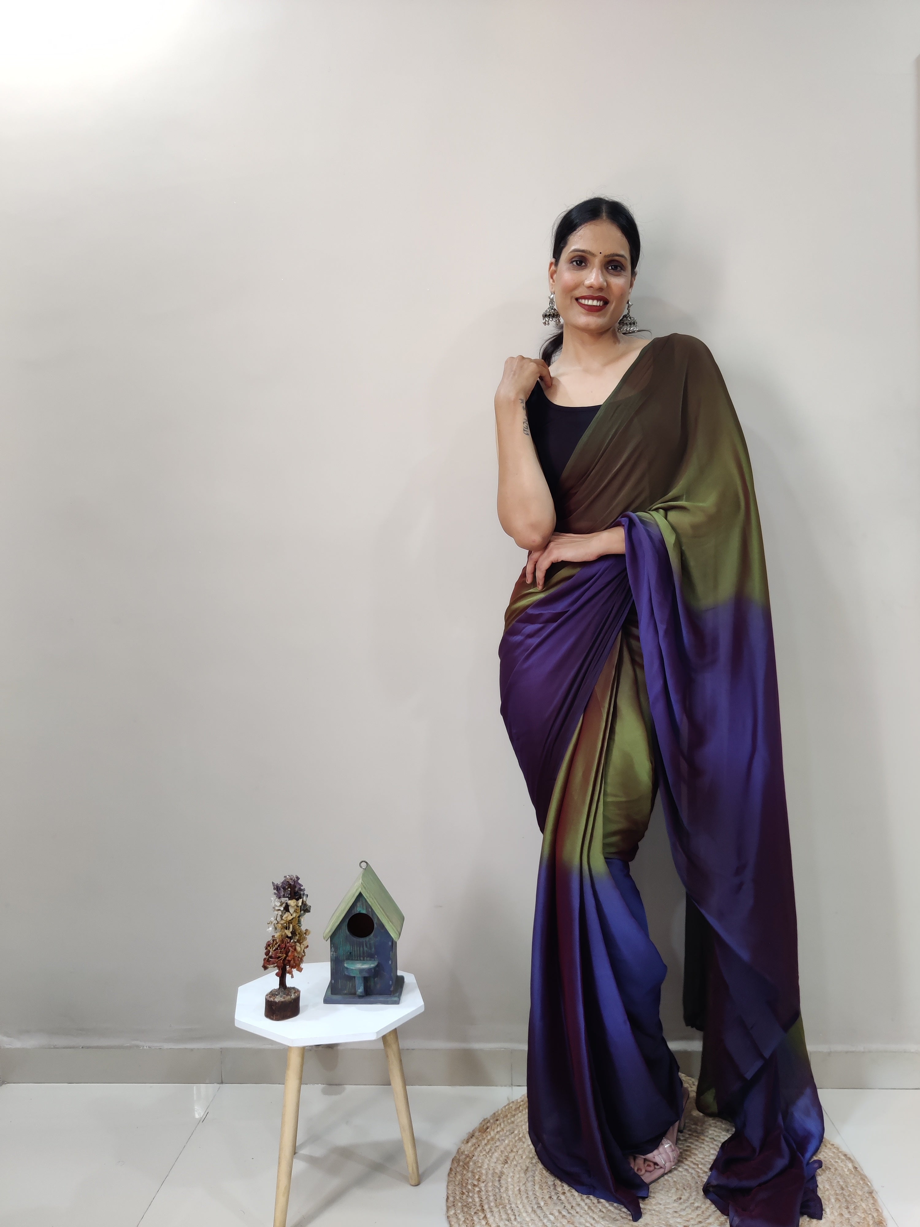 One Minute Ready To Wear Purple & Green Chiffon Silk Saree