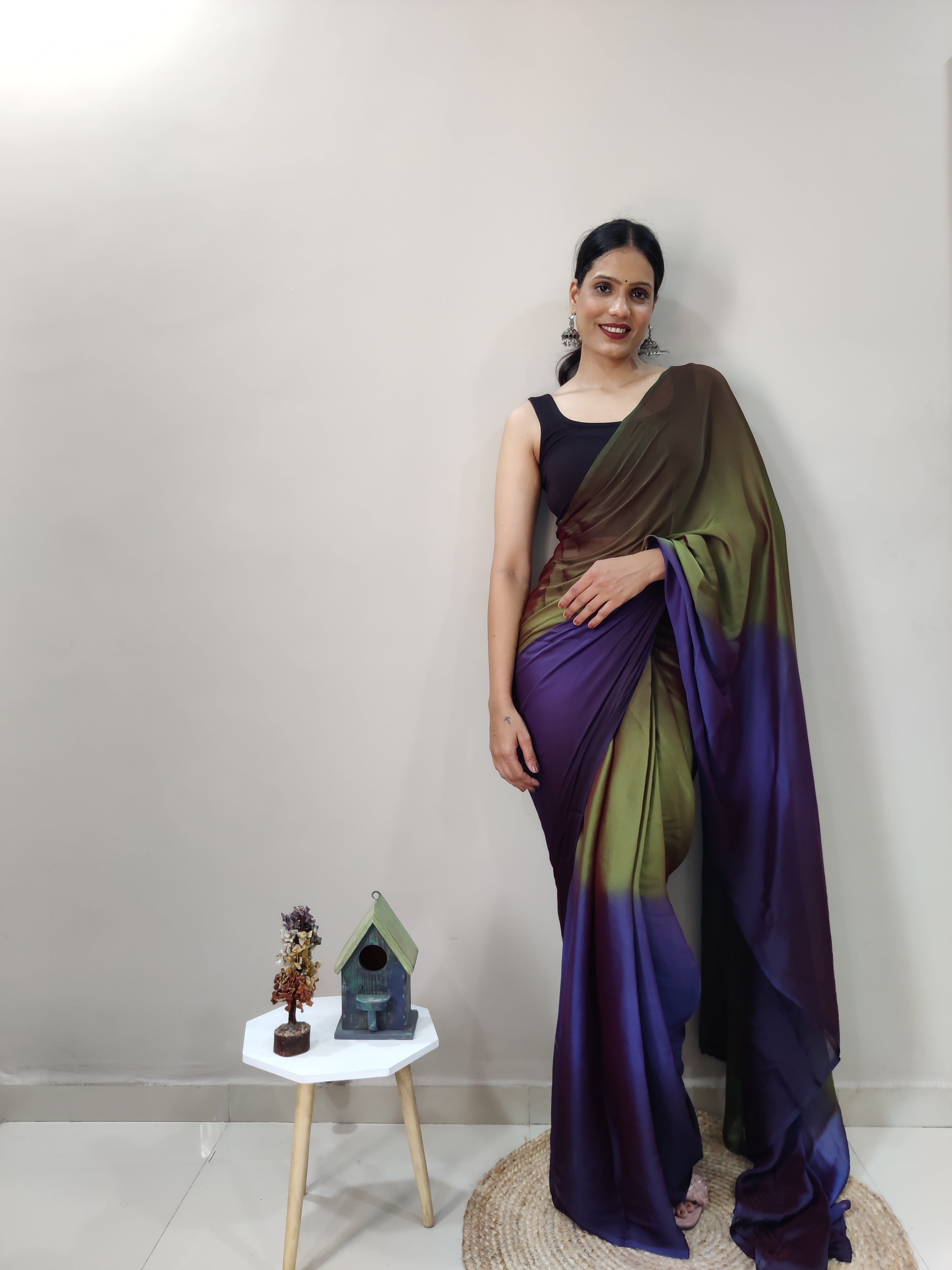 One Minute Ready To Wear Purple & Green Chiffon Silk Saree