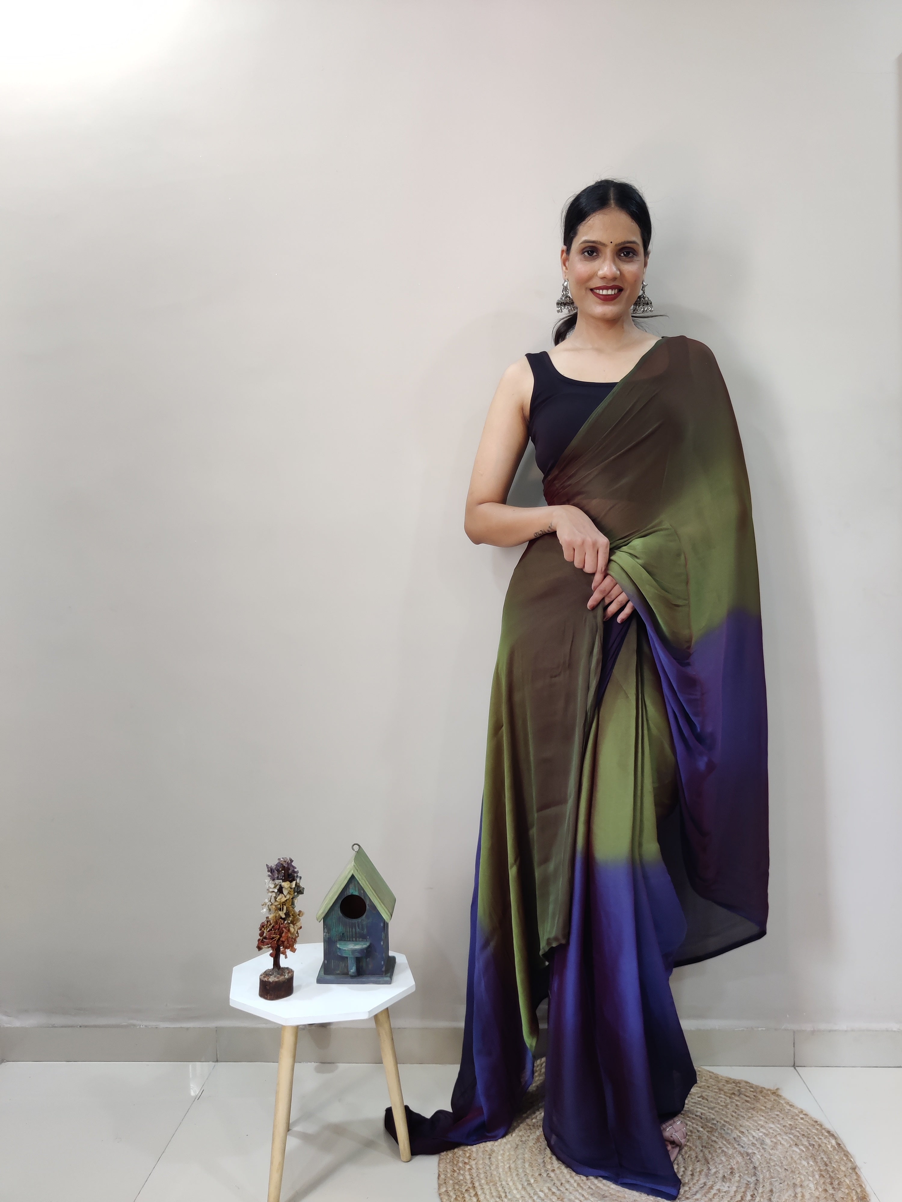 One Minute Ready To Wear Purple & Green Chiffon Silk Saree