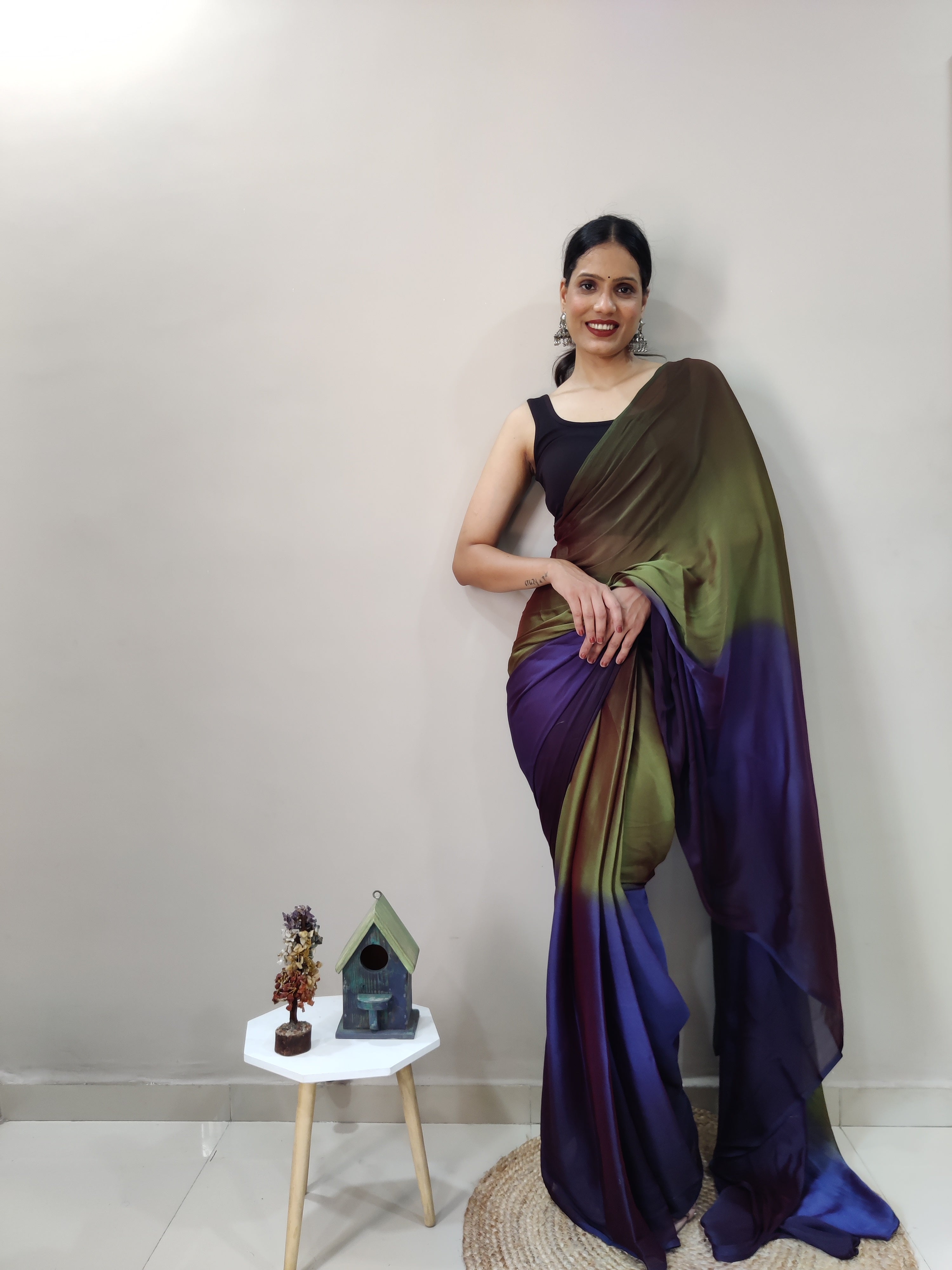 One Minute Ready To Wear Purple & Green Chiffon Silk Saree