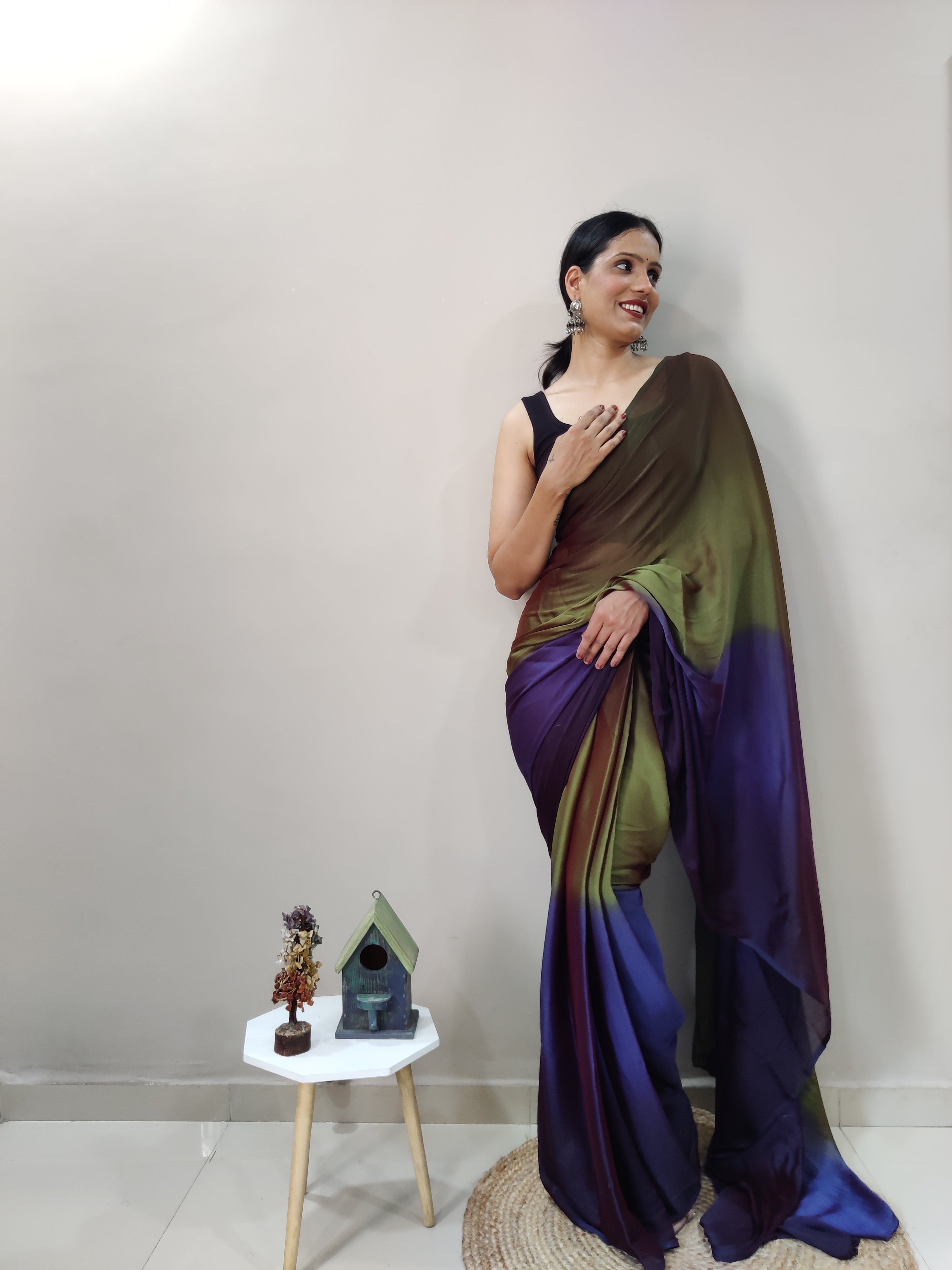 One Minute Ready To Wear Purple & Green Chiffon Silk Saree