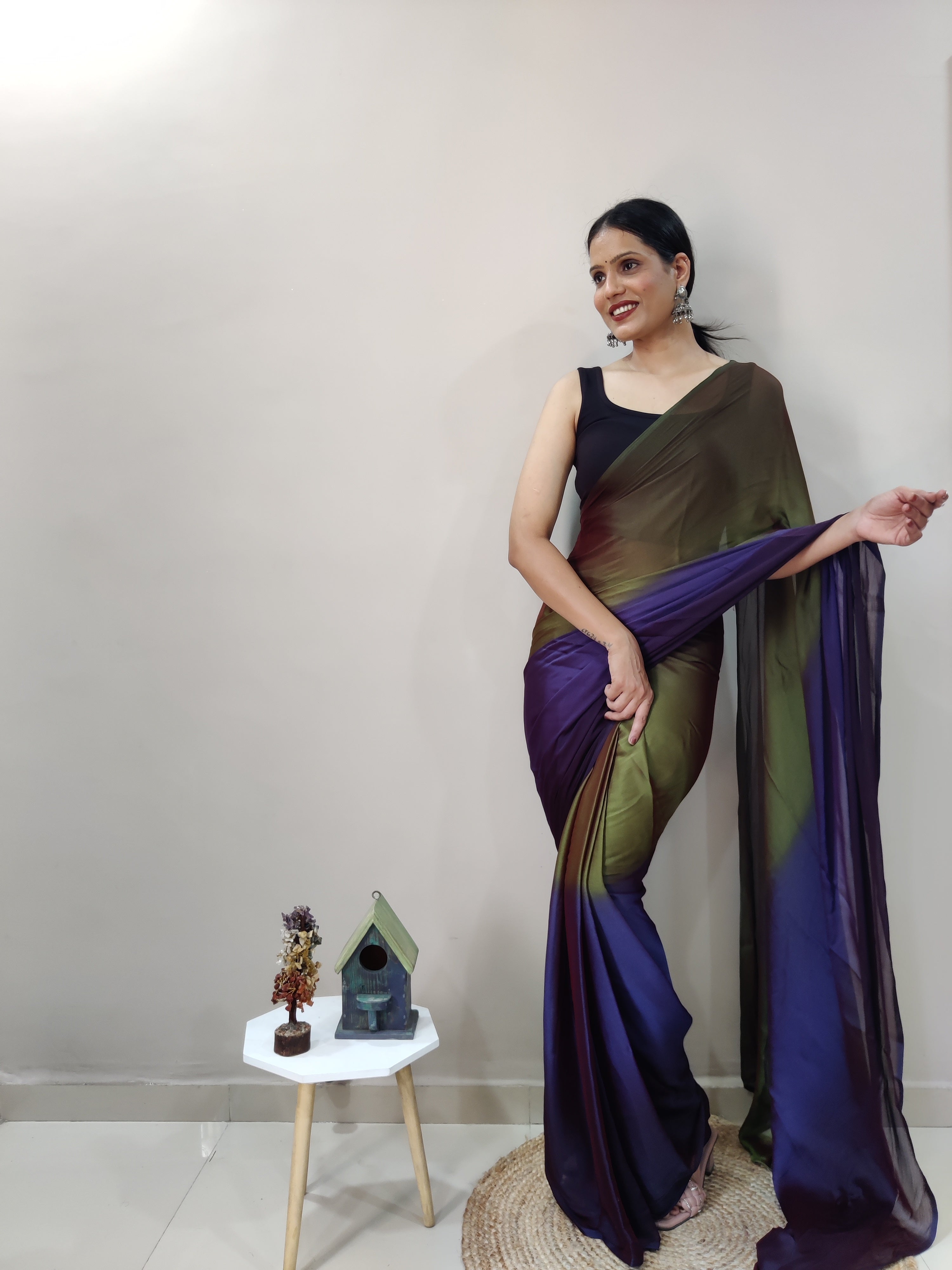 One Minute Ready To Wear Purple & Green Chiffon Silk Saree