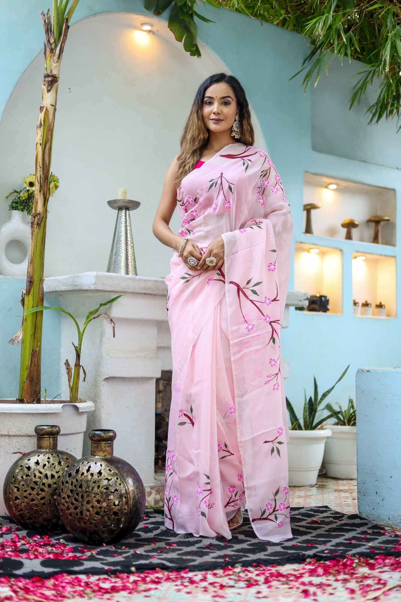 One Minute Ready To Wear Cherry Blossom Floral Hand painted Organza Saree