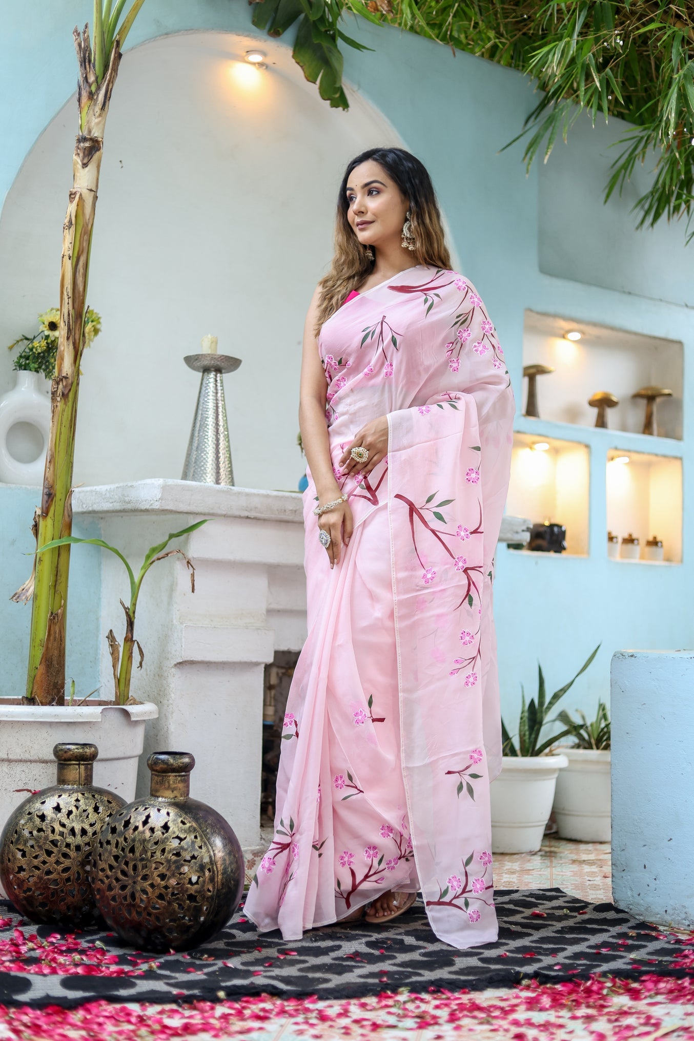 One Minute Ready To Wear Cherry Blossom Floral Hand painted Organza Saree